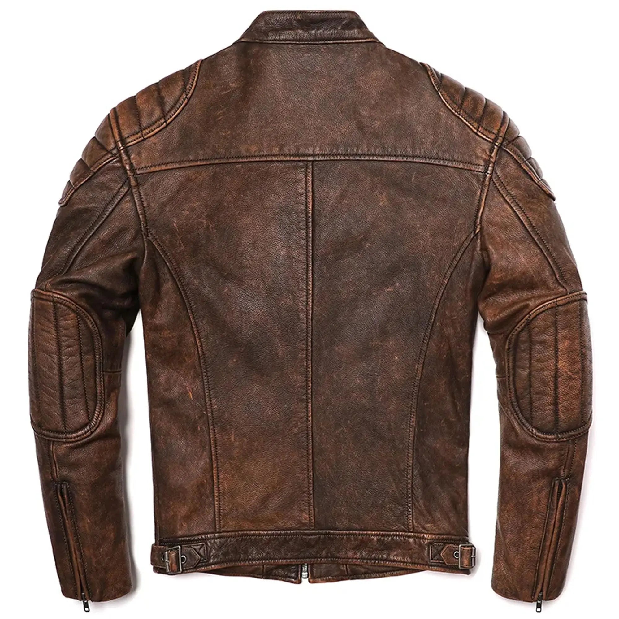 Back view of distressed brown leather motorcycle jacket with tailored fit