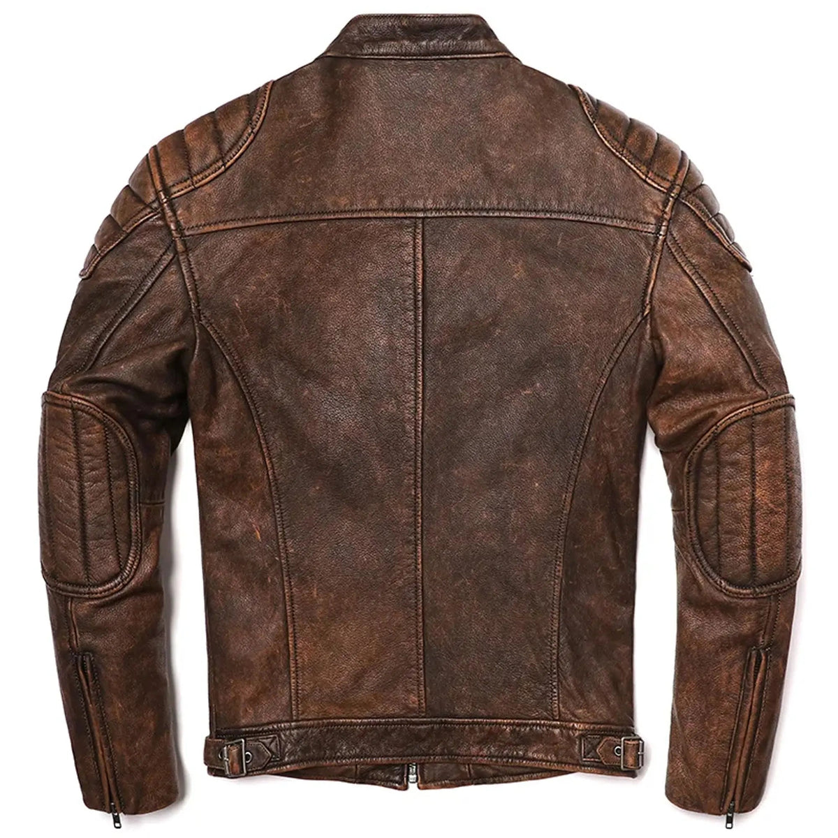 Back view of distressed brown leather motorcycle jacket with tailored fit