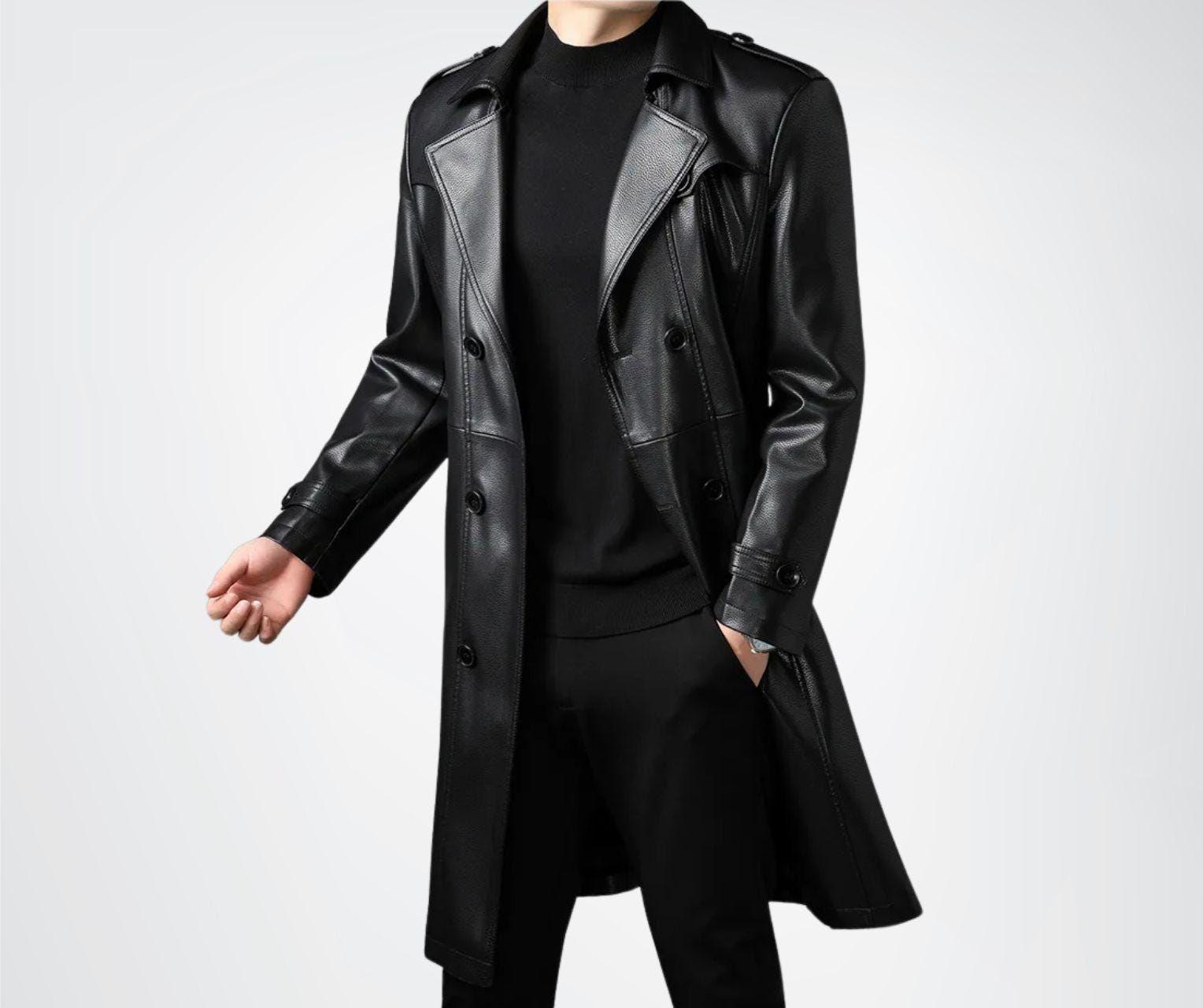 Outdoor Slim Fitted Single Breasted Real Leather Long Coat - Leather Jacket