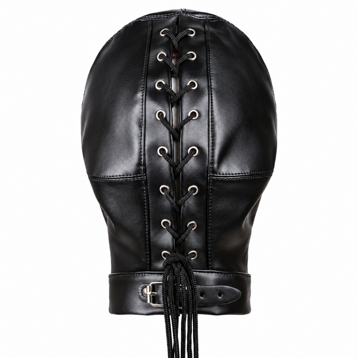Black genuine leather hood showing full-length black cord lacing through silver-tone eyelets, stitched panels and a buckled lower band.