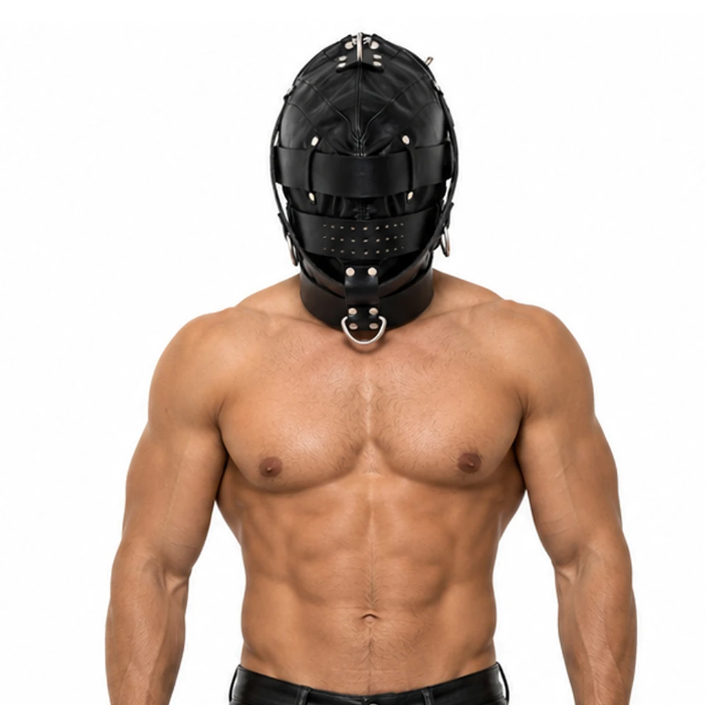 Front model view of a black leather hood with covered eye band, perforated face band, layered head straps and silver-tone chin ring.