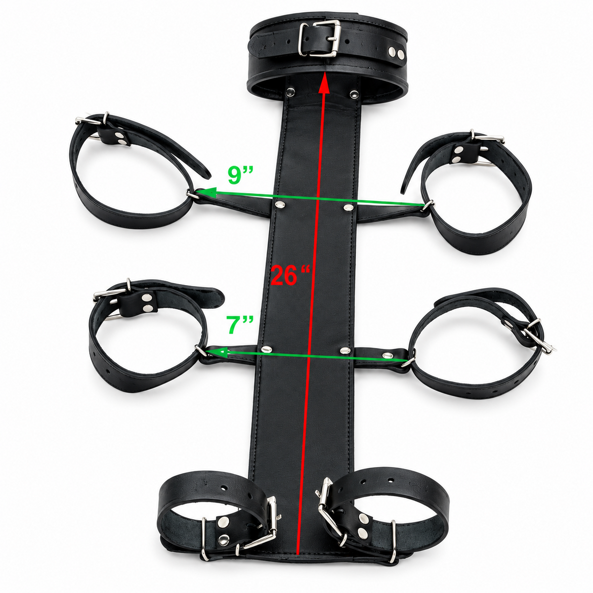 Black leather arm binder harness measurement diagram showing a 26-inch vertical span and horizontal spans labeled 9 inches and 7 inches.
