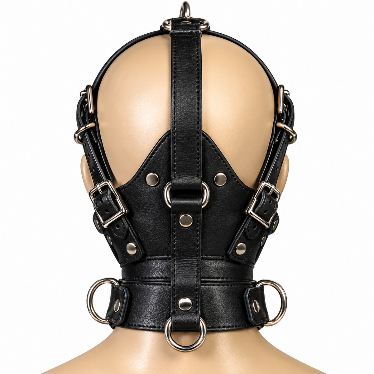Rear view of black leather head harness with central crown strap, shaped rear panel, side buckles and wide collar with silver-tone rings.