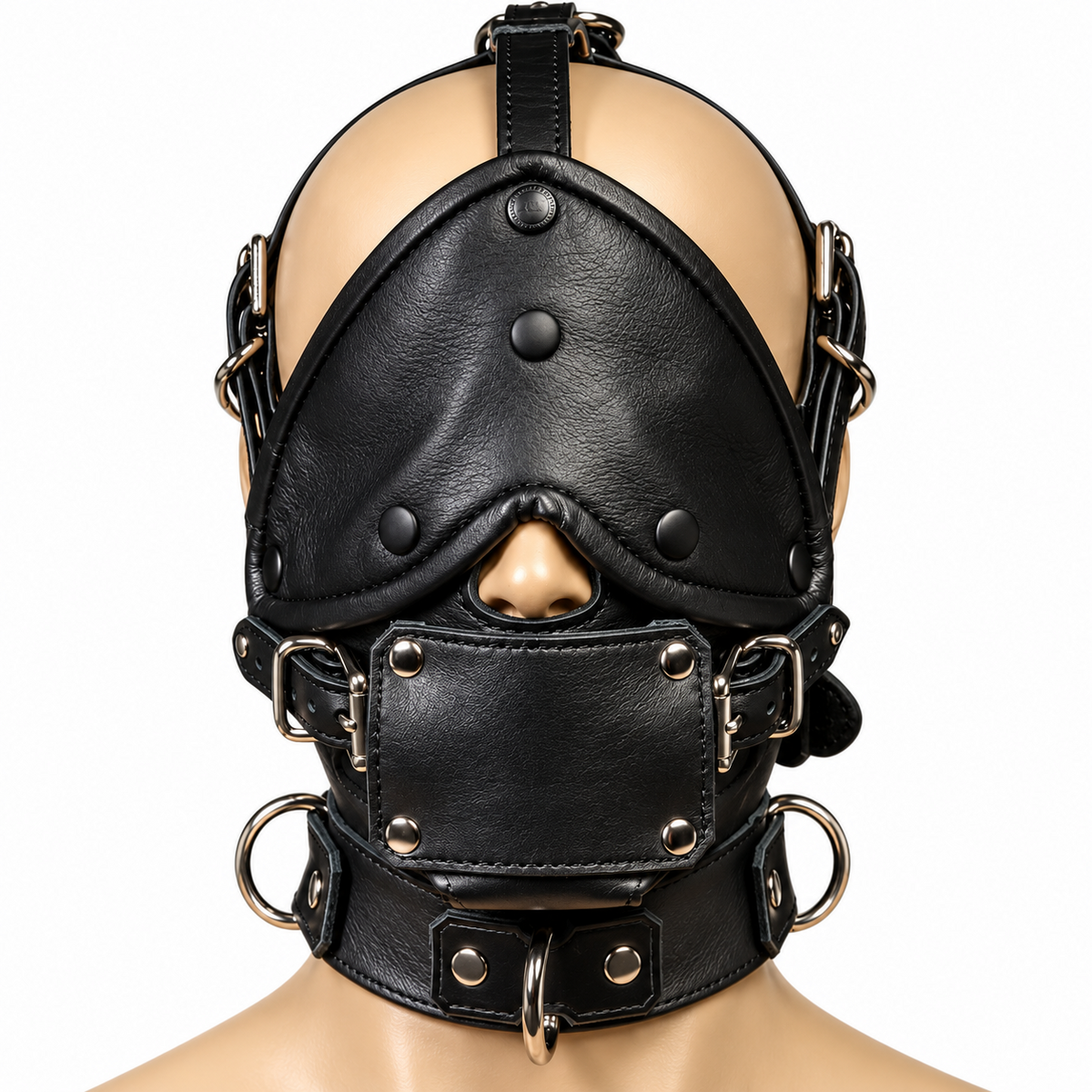 Black leather head harness mask front view with broad eye cover, rectangular mouth panel, buckle straps and ring collar on a mannequin.
