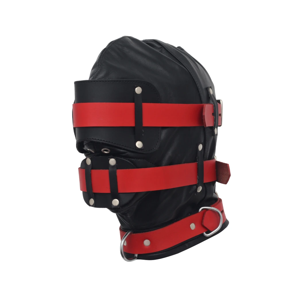 Angled view of a black leather hood showing red face straps, black retaining loops, covered face panels and silver-tone collar rings.