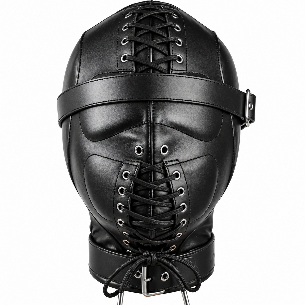 Front view of black leather lace-up hood with covered eyes, crown and mouth lacing, silver-tone eyelets and a buckled neck strap.
