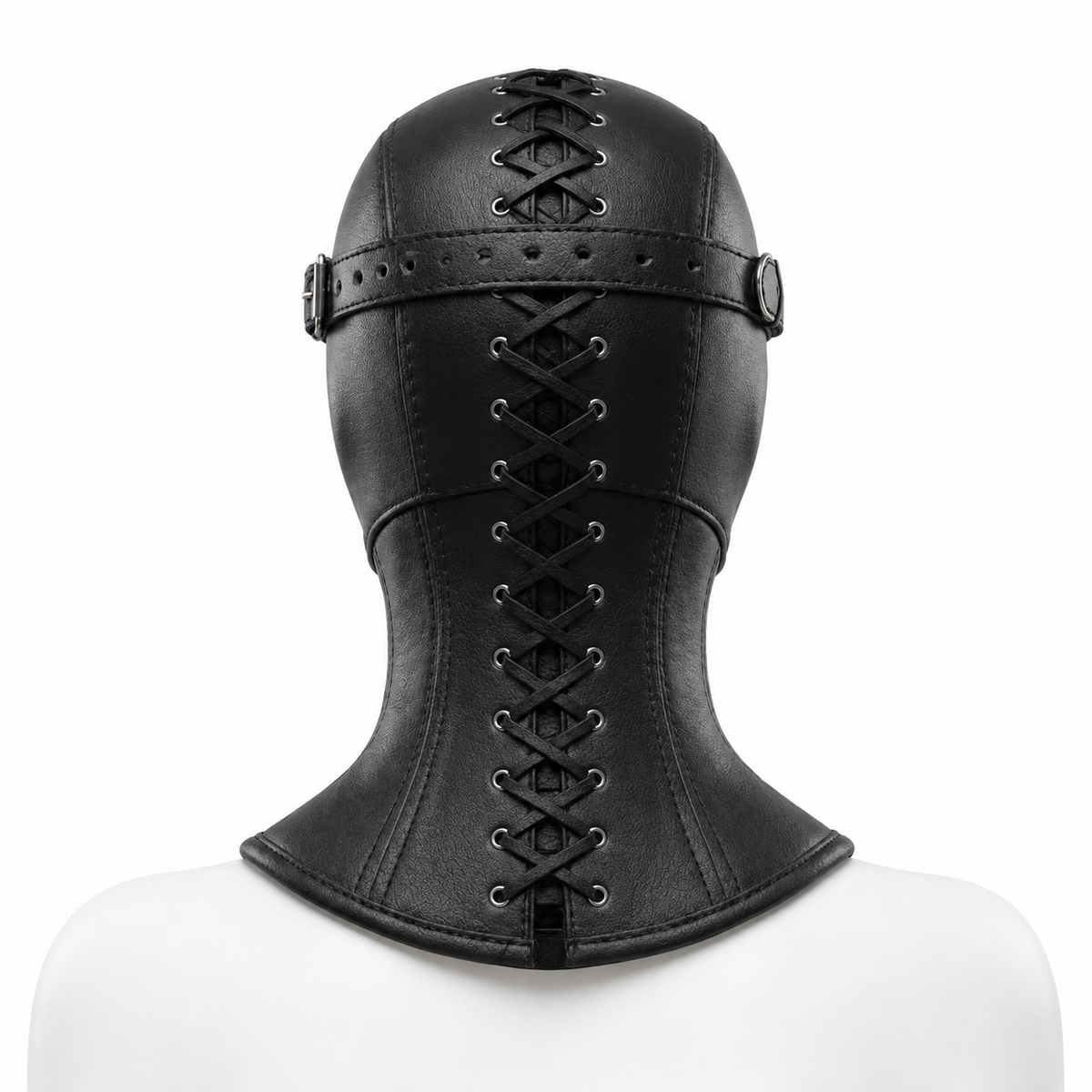 Rear view of black leather long-neck hood with crossed cord lacing from crown to flared base, silver-tone eyelets and a horizontal head strap.