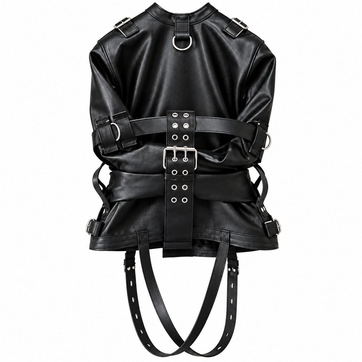 Rear view of black leather straitjacket with crossed sleeves, central buckle strap, upper D-ring, shoulder buckles and long lower straps.