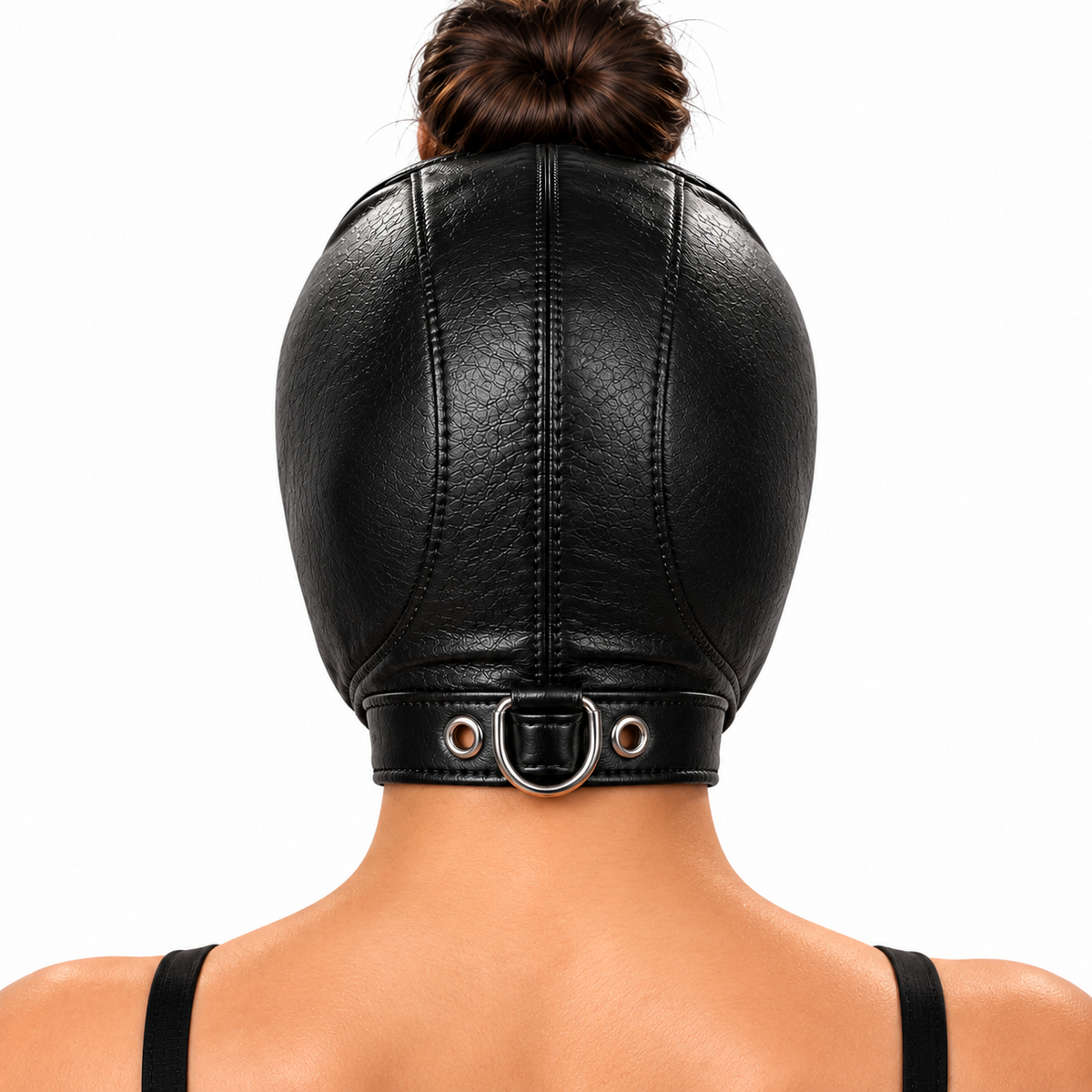 Rear view of black textured leather hood with curved stitched panels, open crown for hair and a silver-tone D-ring on the lower band.