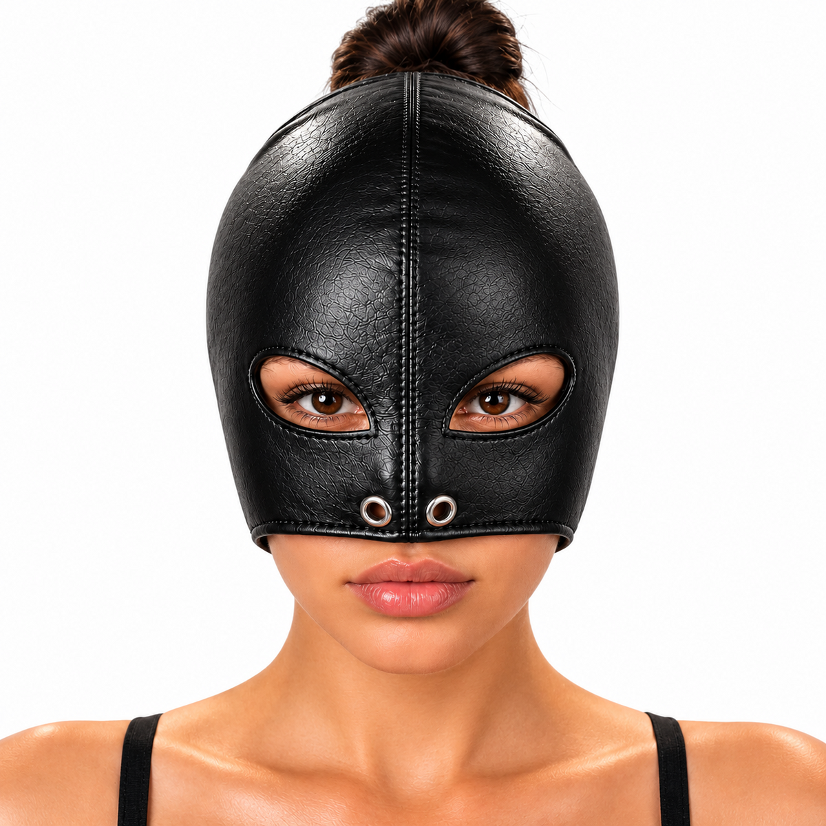 Front view of black textured leather open-mouth hood with shaped eye cutouts, two silver-tone nose eyelets and an open crown for hair.