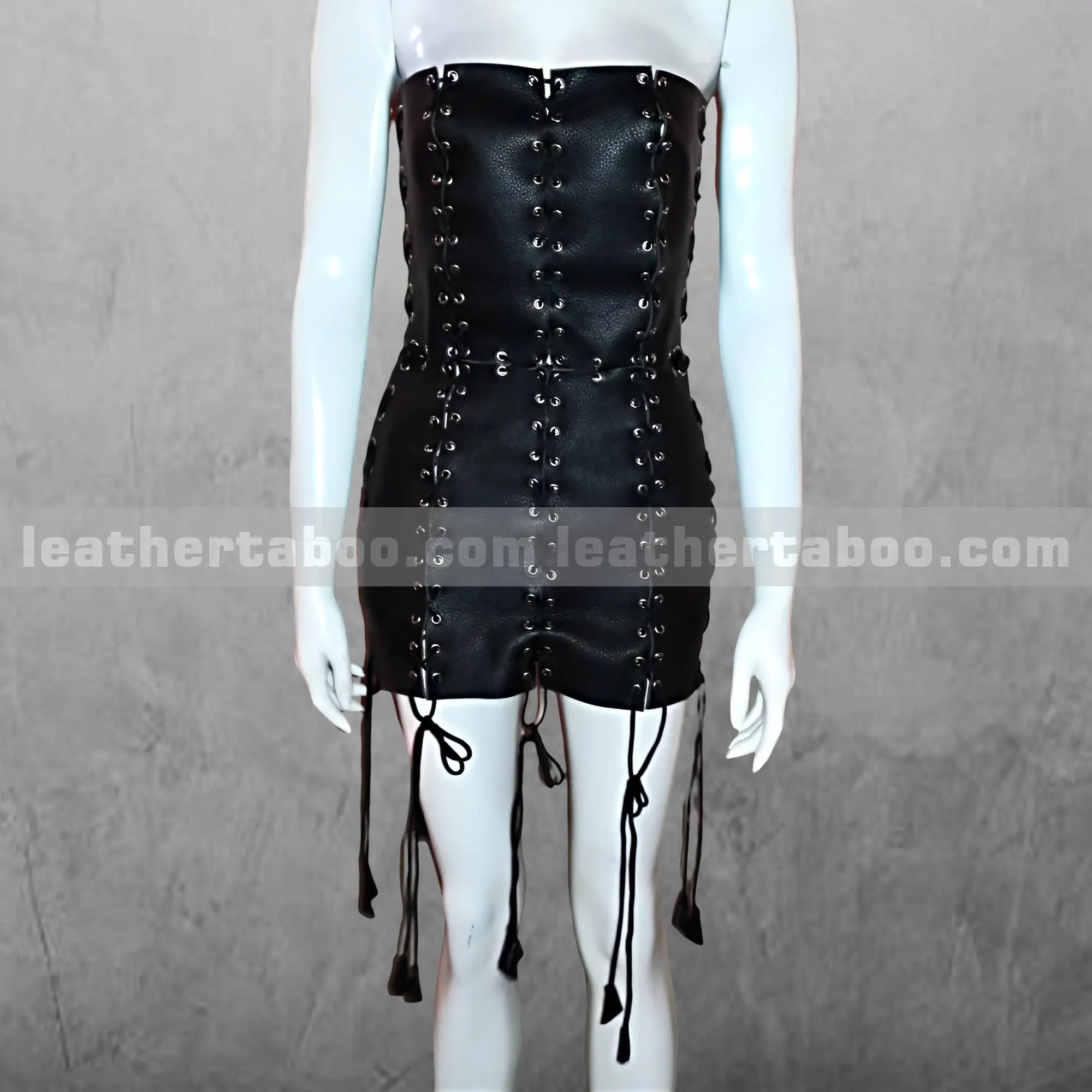 Black Leather Lace-Up Mini Dress โ Strapless Gothic Corset Bodycon Dress for Women, Handmade Clubwear Outfit - Leather taboo