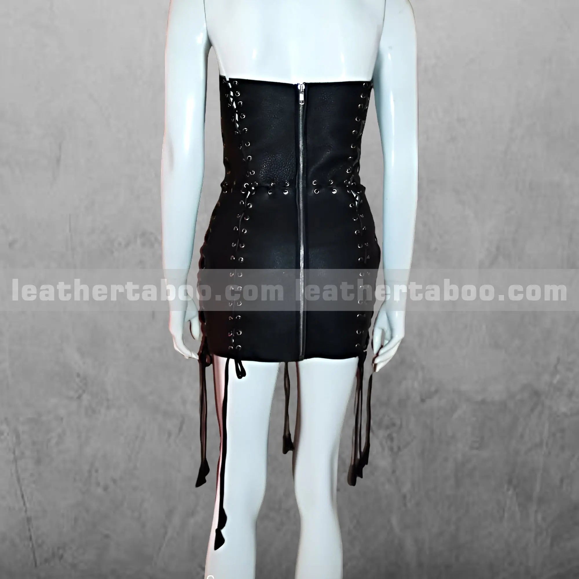 Black Leather Lace-Up Mini Dress โ Strapless Gothic Corset Bodycon Dress for Women, Handmade Clubwear Outfit - Leather taboo