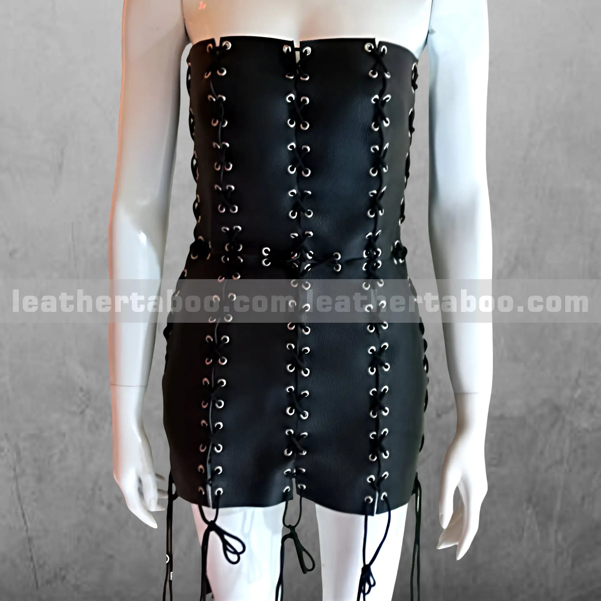 Black Leather Lace-Up Mini Dress โ Strapless Gothic Corset Bodycon Dress for Women, Handmade Clubwear Outfit - Leather taboo