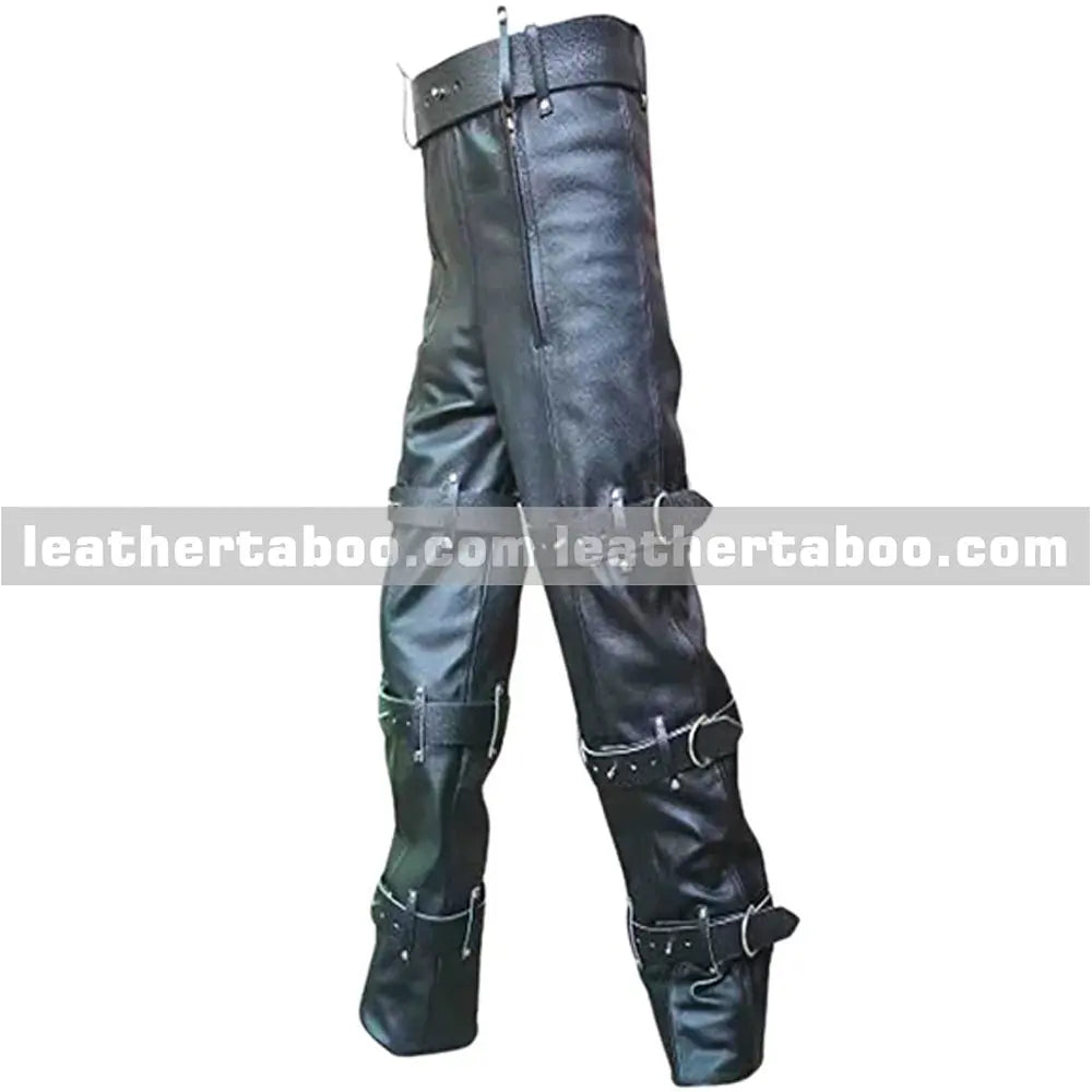 Gothic leather pants in black showing adjustable buckle straps wrapped around legs with silver-tone metal hardware detailing