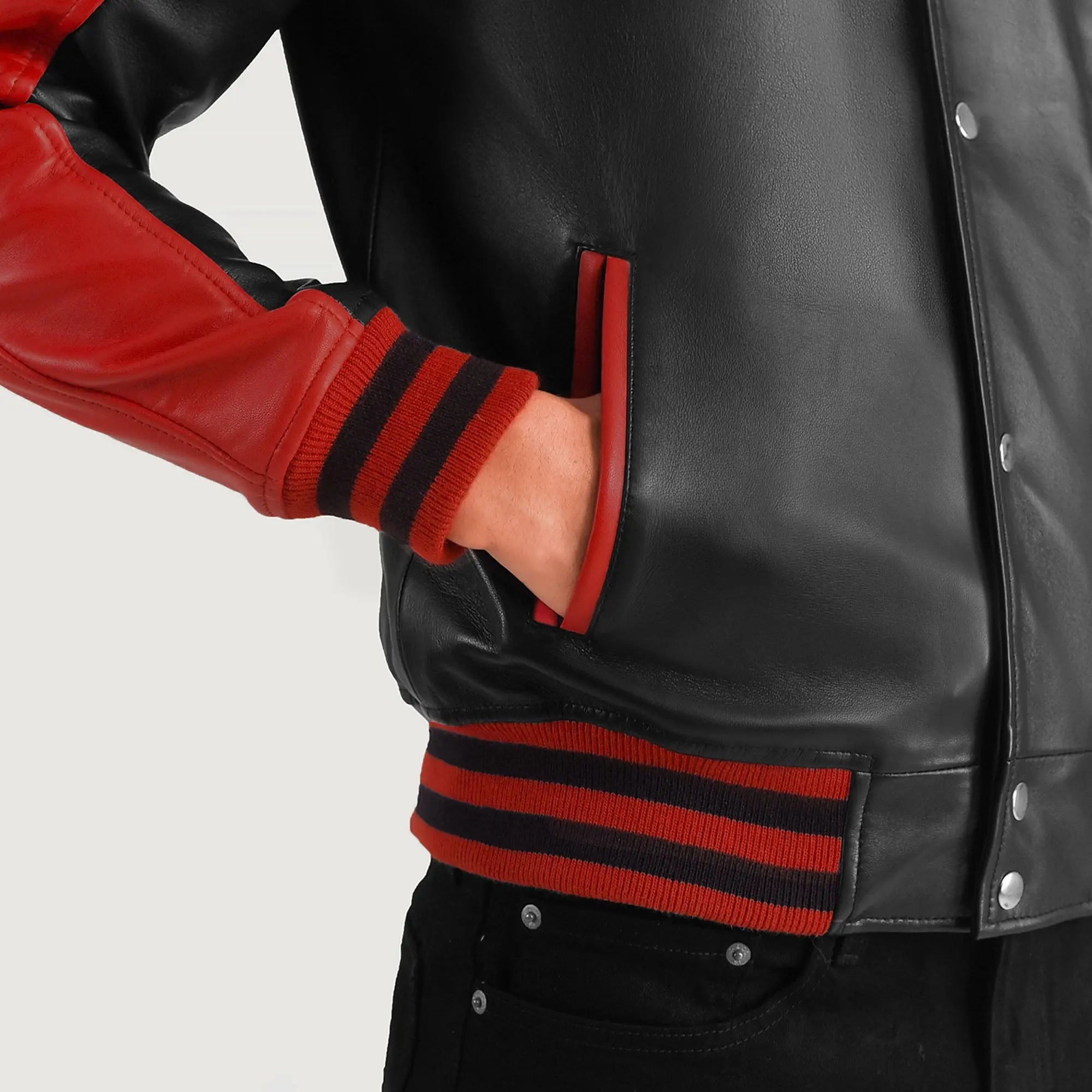 Black and red collegiate style leather jacket