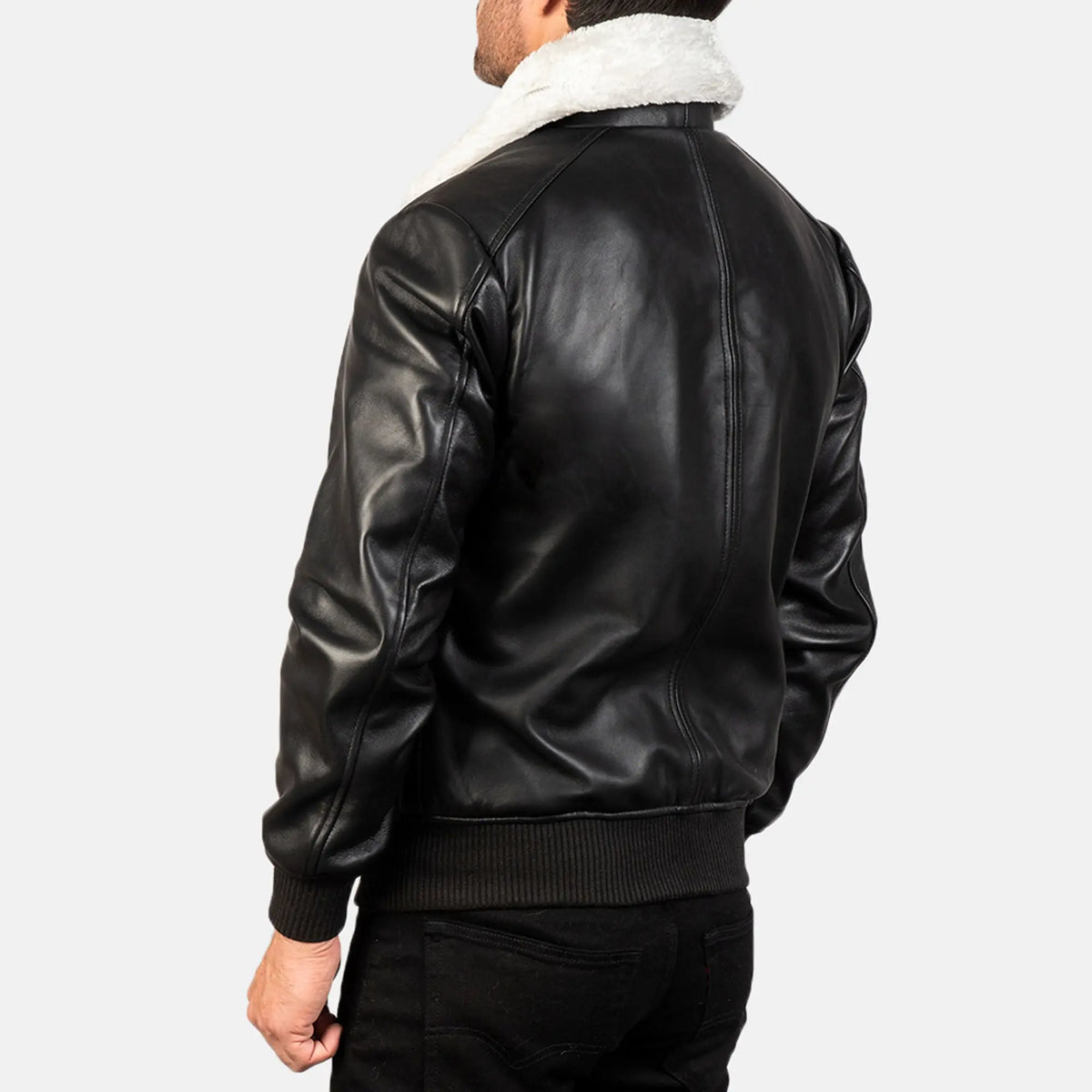Black and white aviator leather jacket close-up