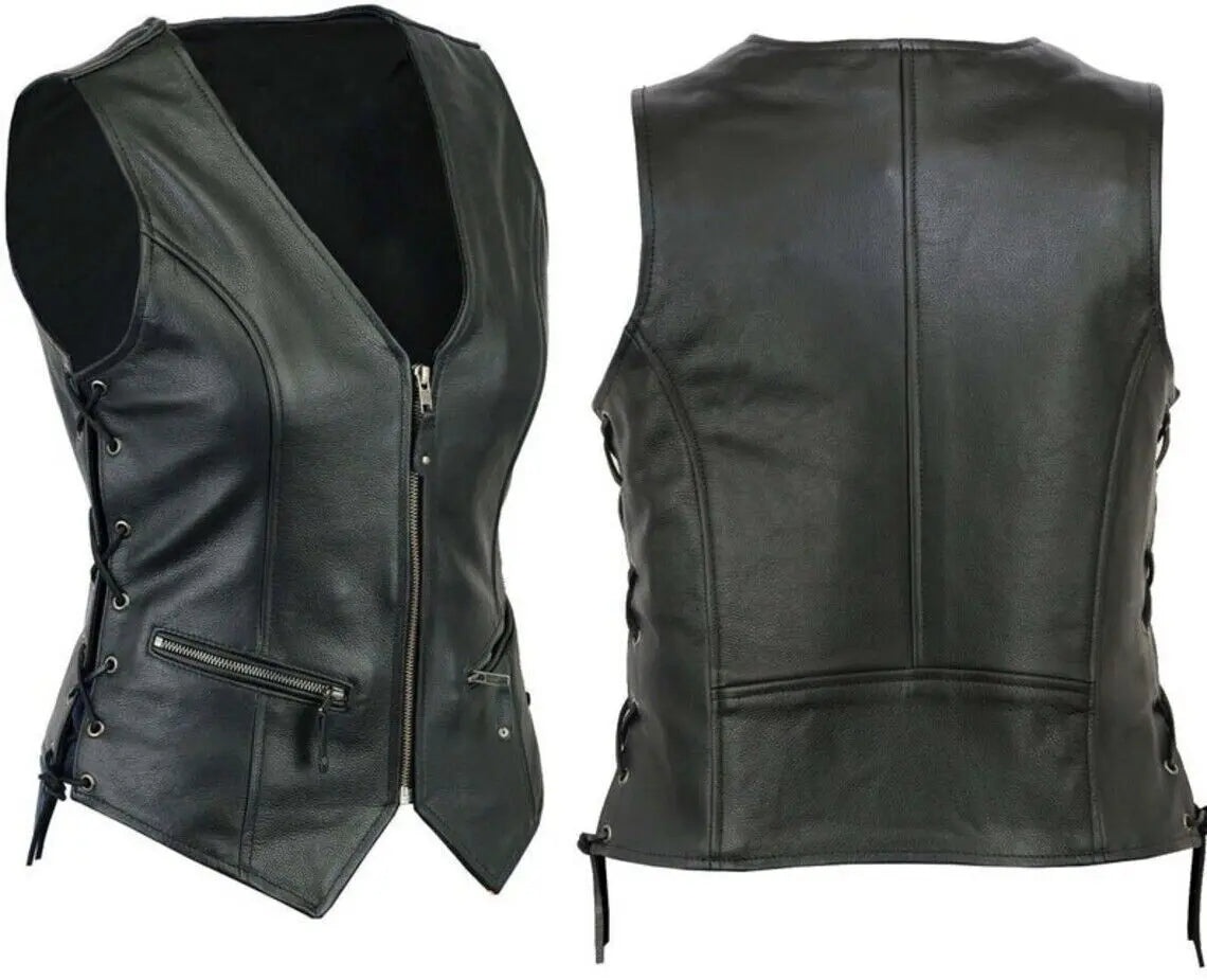 Black cowhide leather sleeveless vest women fashion outfit