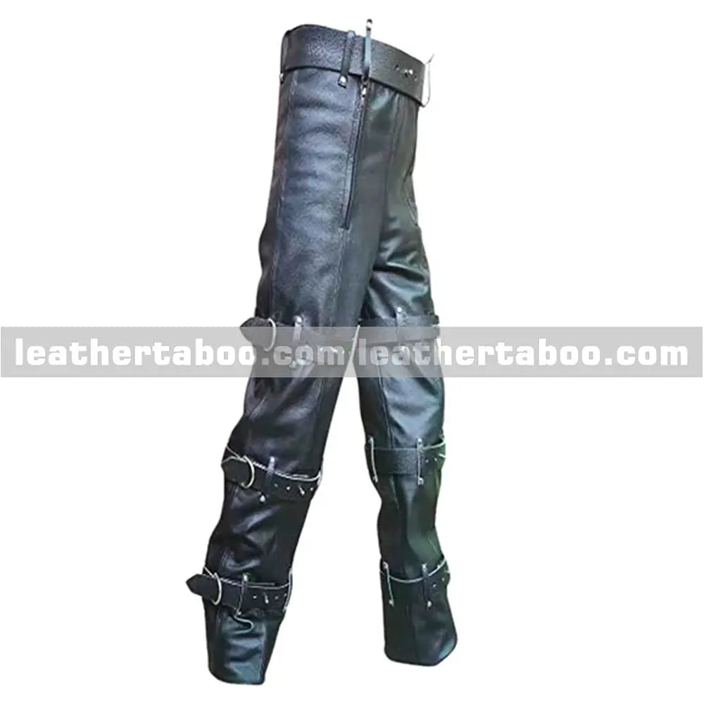 Black genuine leather pants with multiple decorative buckle straps around thighs and lower legs in gothic punk biker style