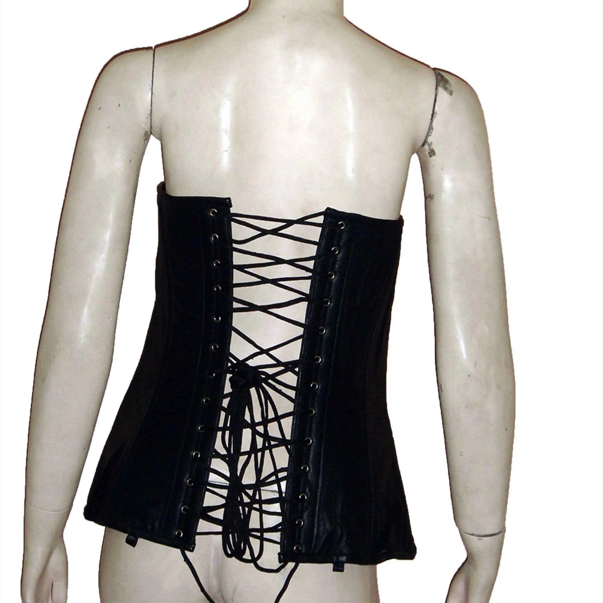 Black genuine sheep leather steel boning corset Back view