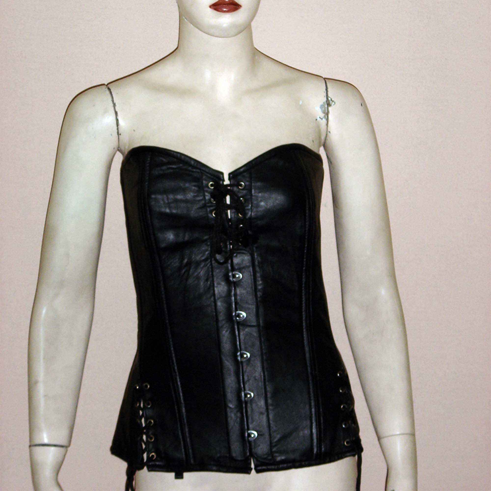 Black genuine sheep leather steel boning corset front view