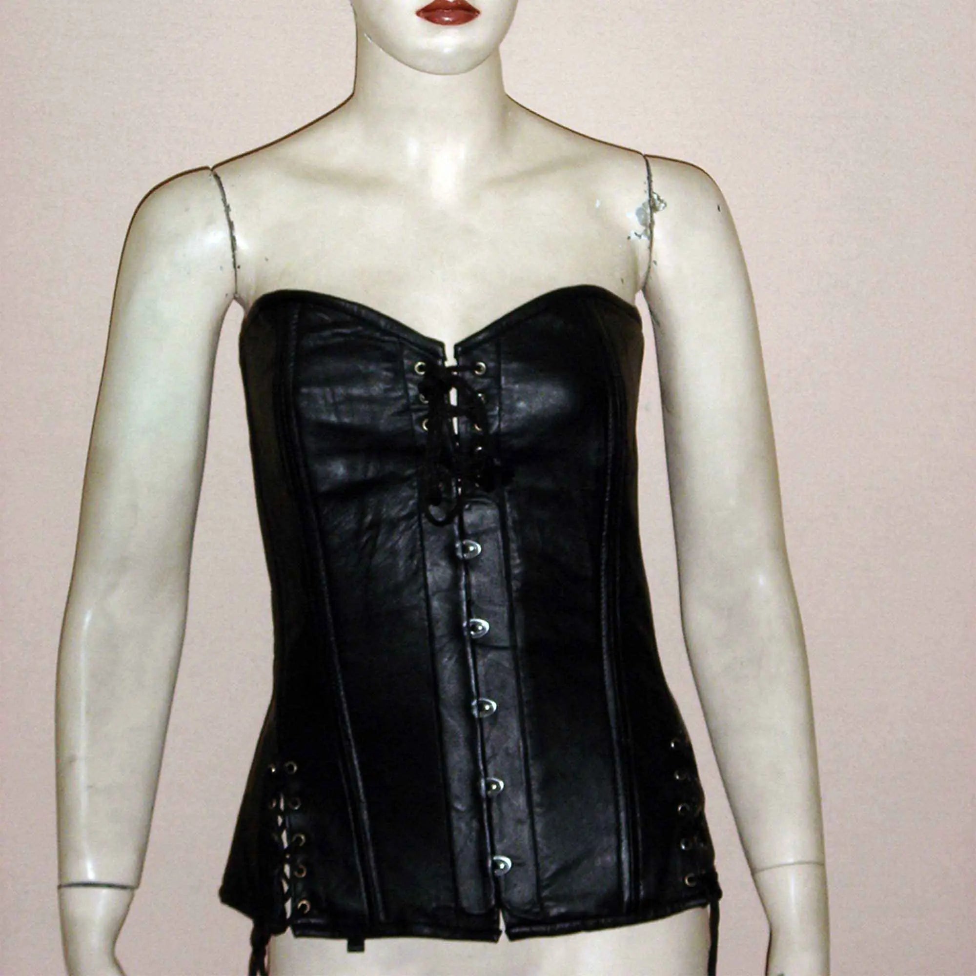 Black genuine sheep leather steel boning corset front view