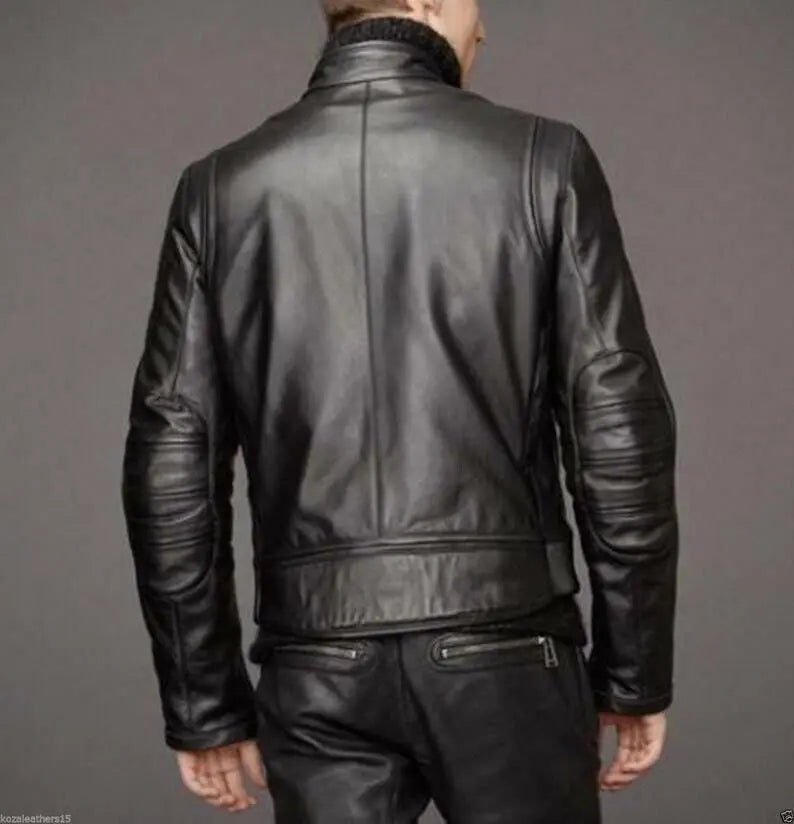 Black genuine soft leather motorcycle jacket men fashion
