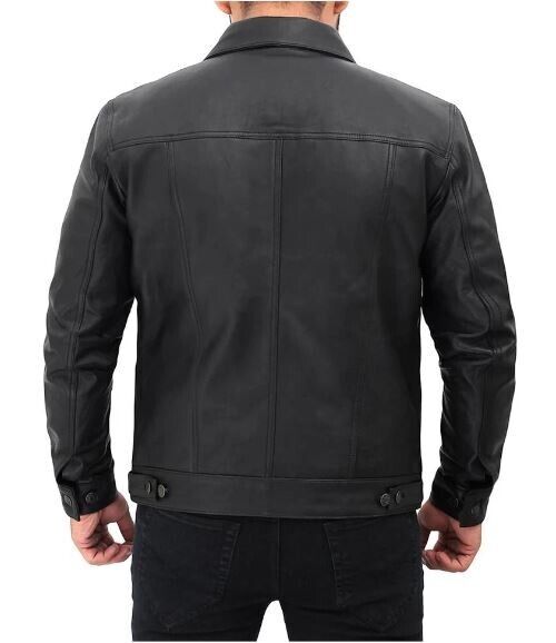 Black lambskin leather jacket men slim fit casual fashion