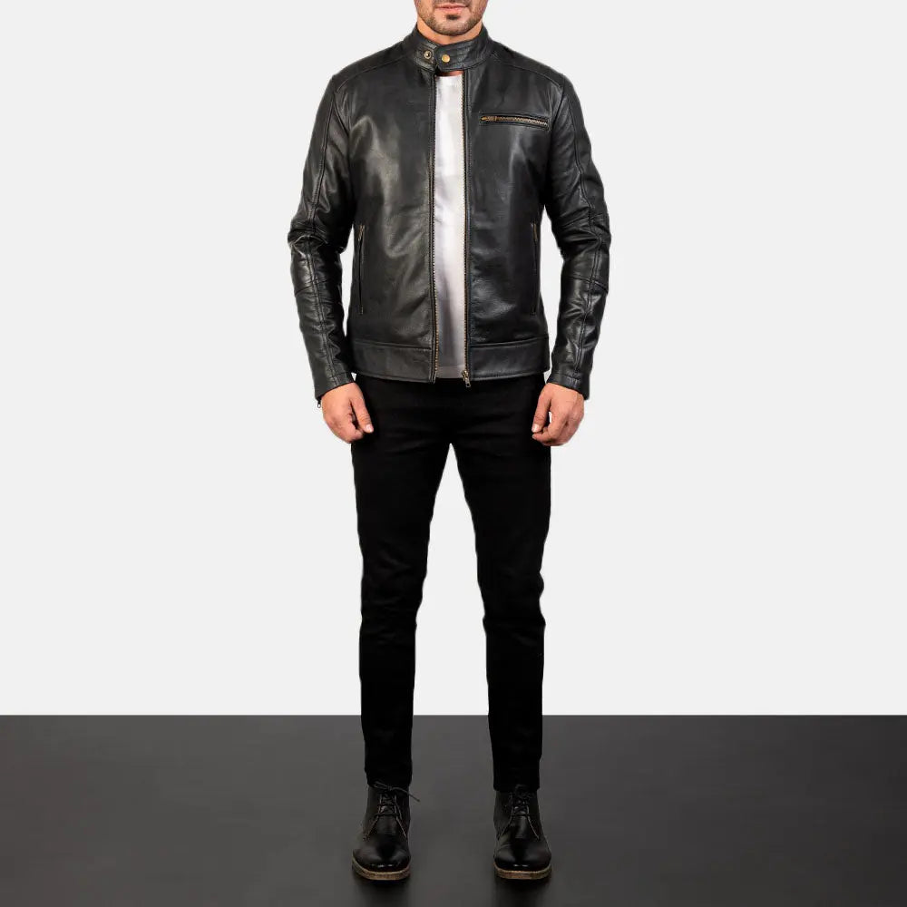 Black leather biker jacket front view Leather Taboo men style