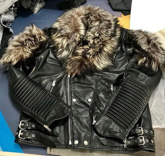 Black leather biker jacket with full fur collar front view