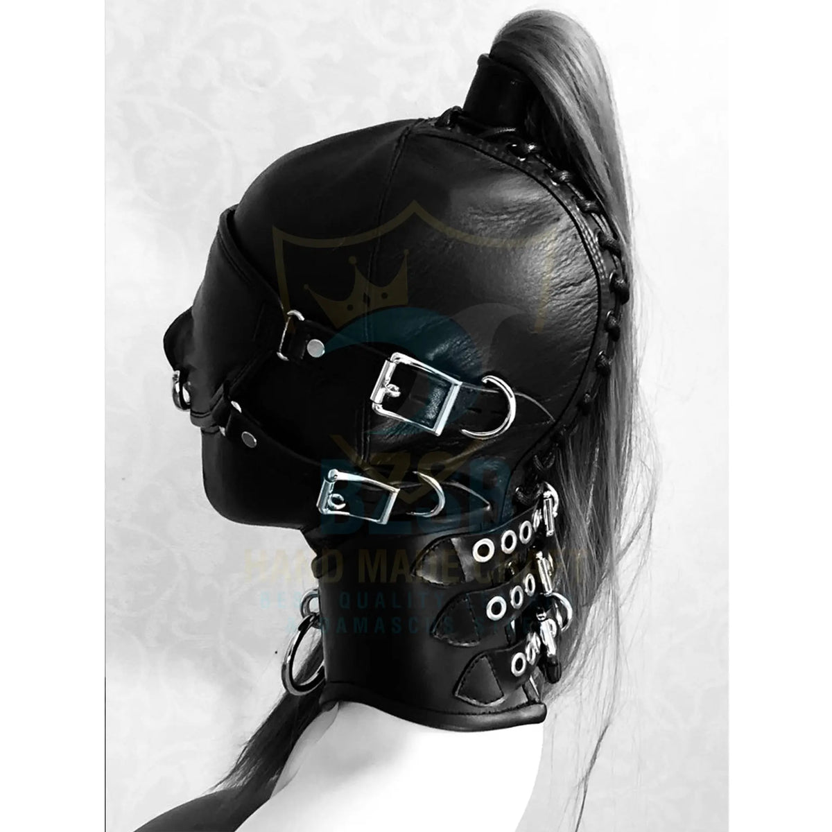 Black leather hood mask with integrated collar