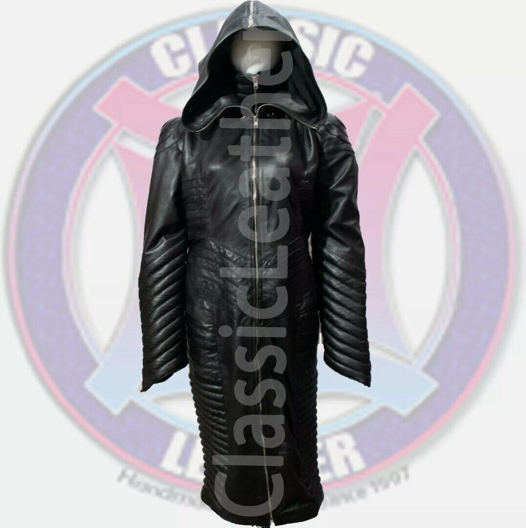 Black leather long coat women removable hood winter fashion