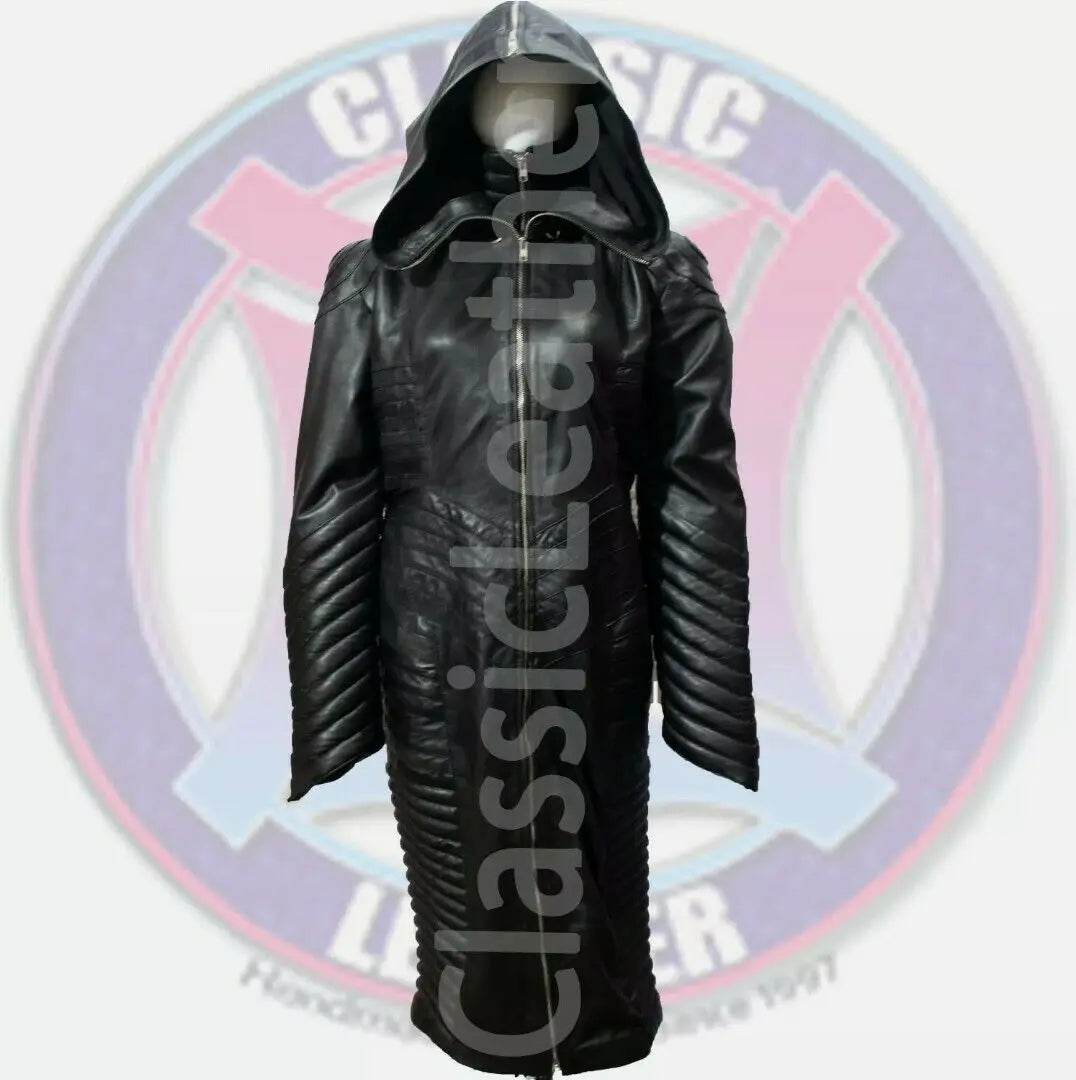 Black leather long coat women removable hood winter fashion