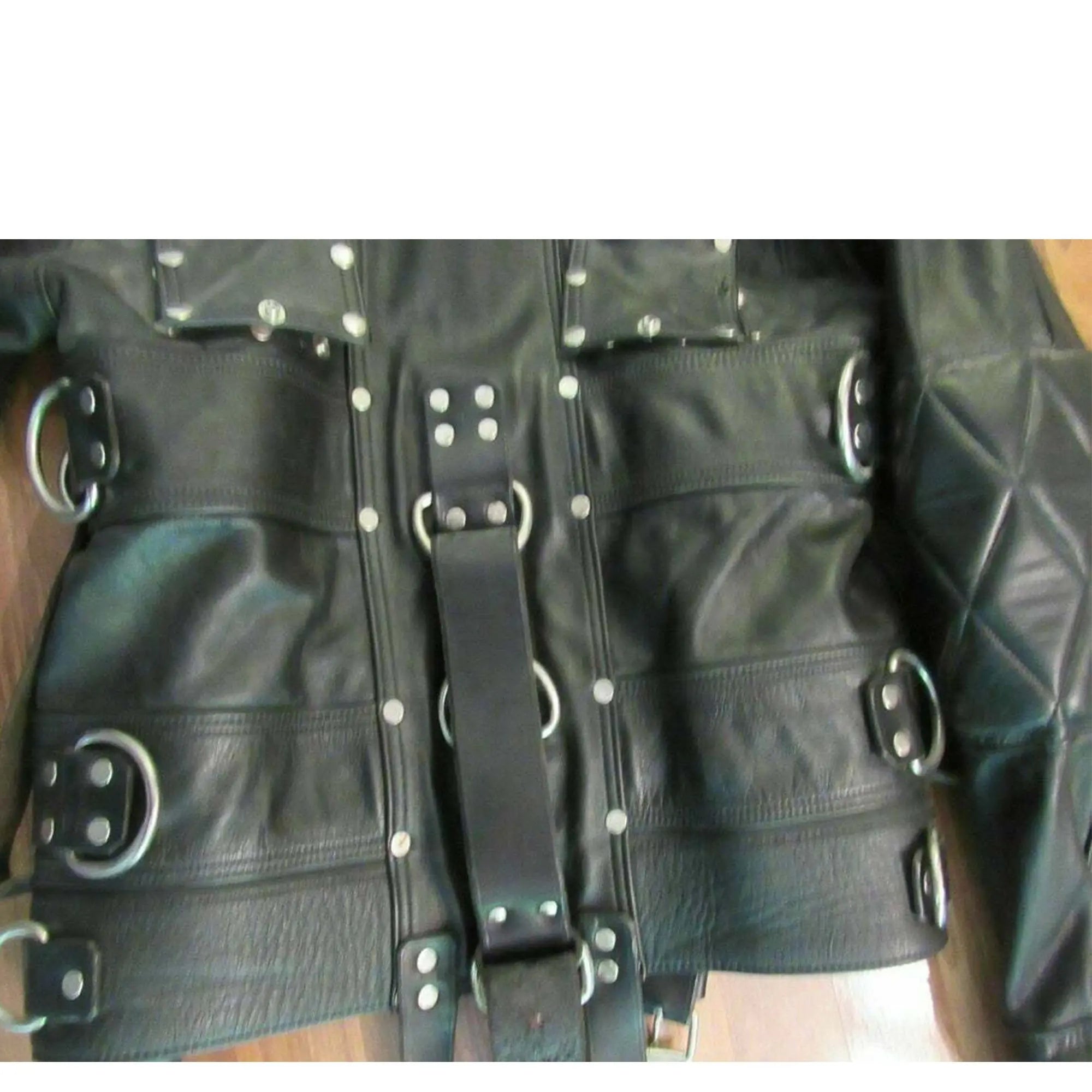 Black padded leather costume jacket adjustable strap design