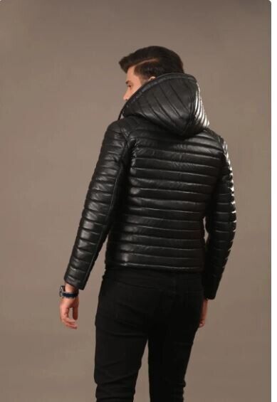Black quilted leather hooded jacket men winter fashion outerwear