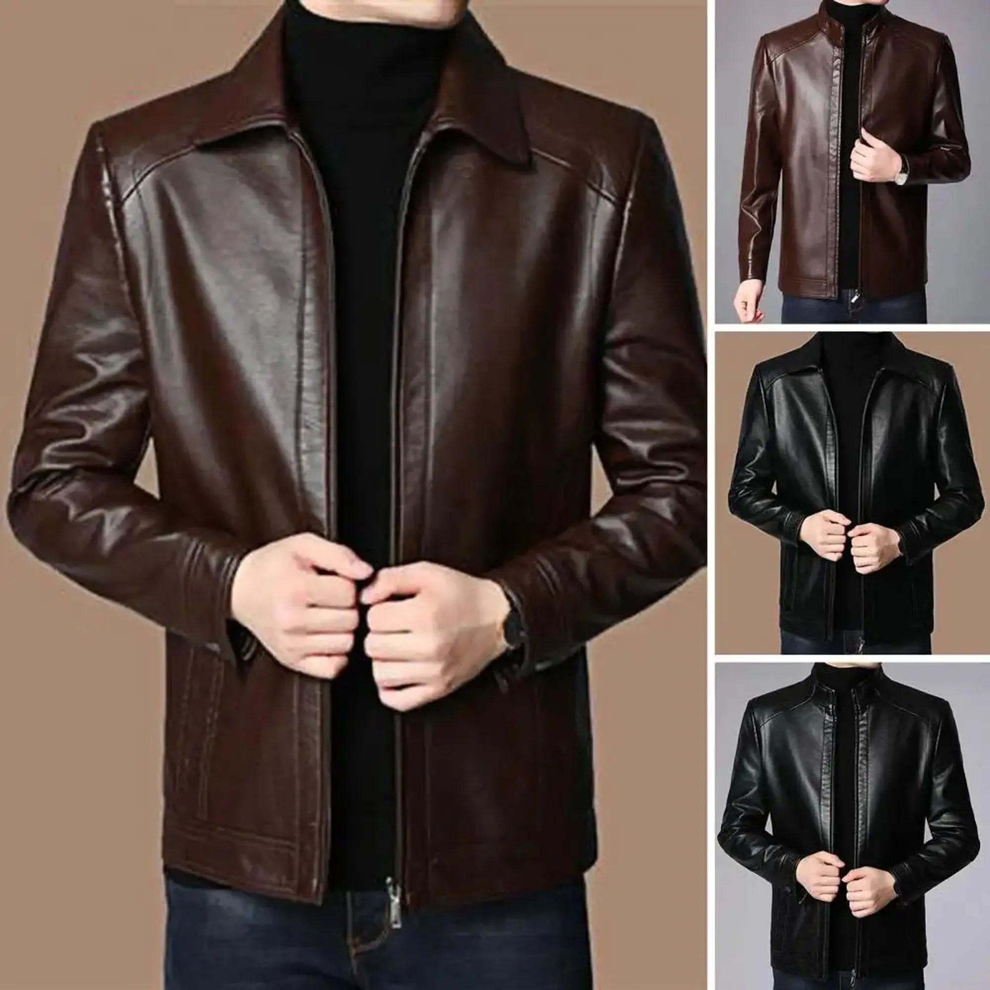 Black real leather motorcycle jacket front view biker style