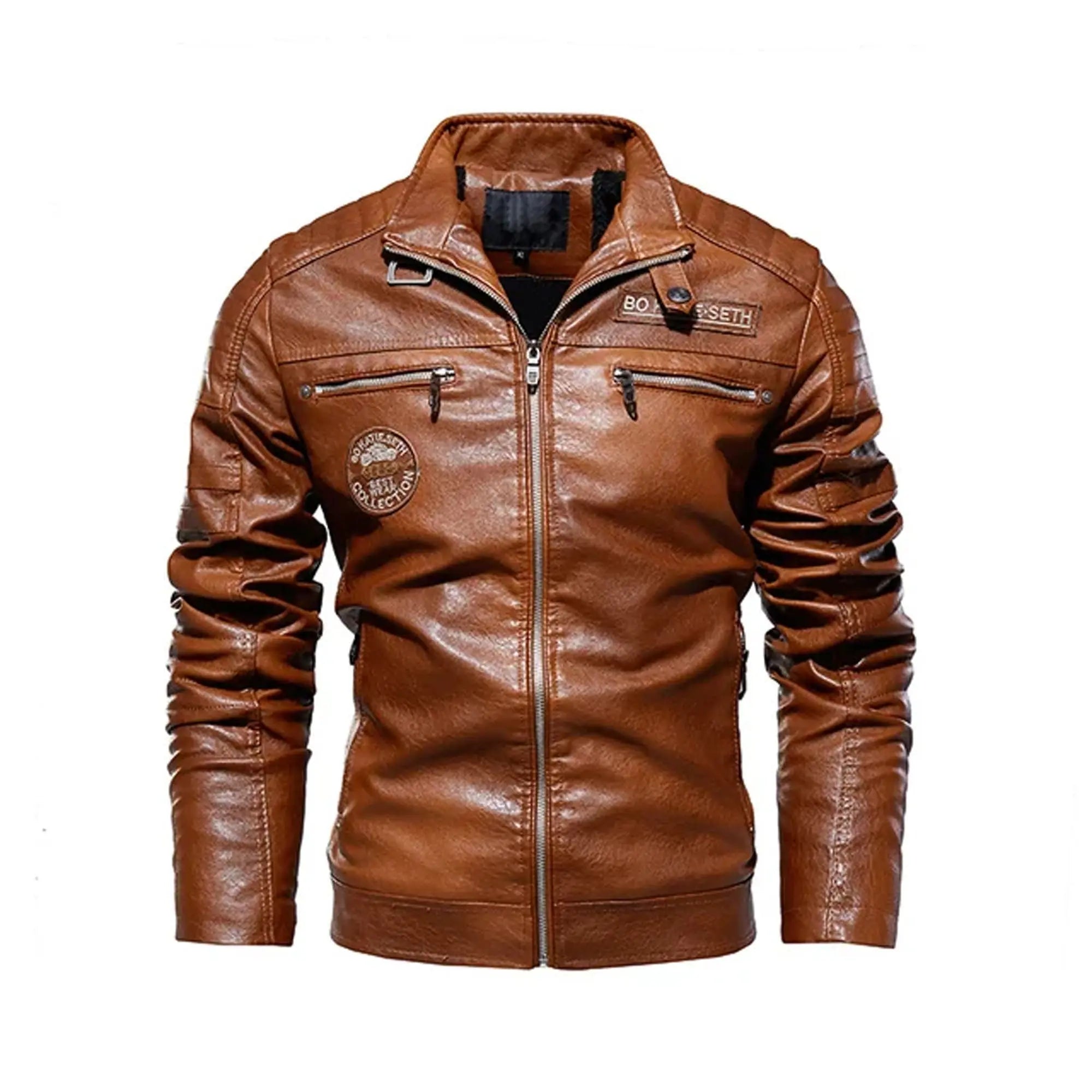 Black winter motorcycle slim PU leather jacket front view 01