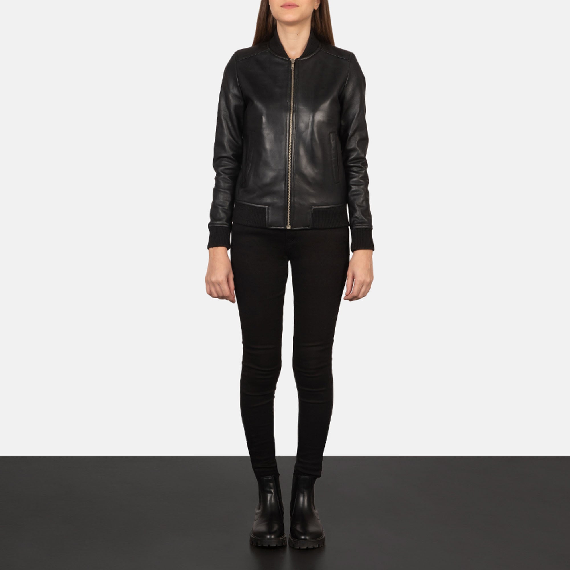 Bliss black leather bomber jacket front view