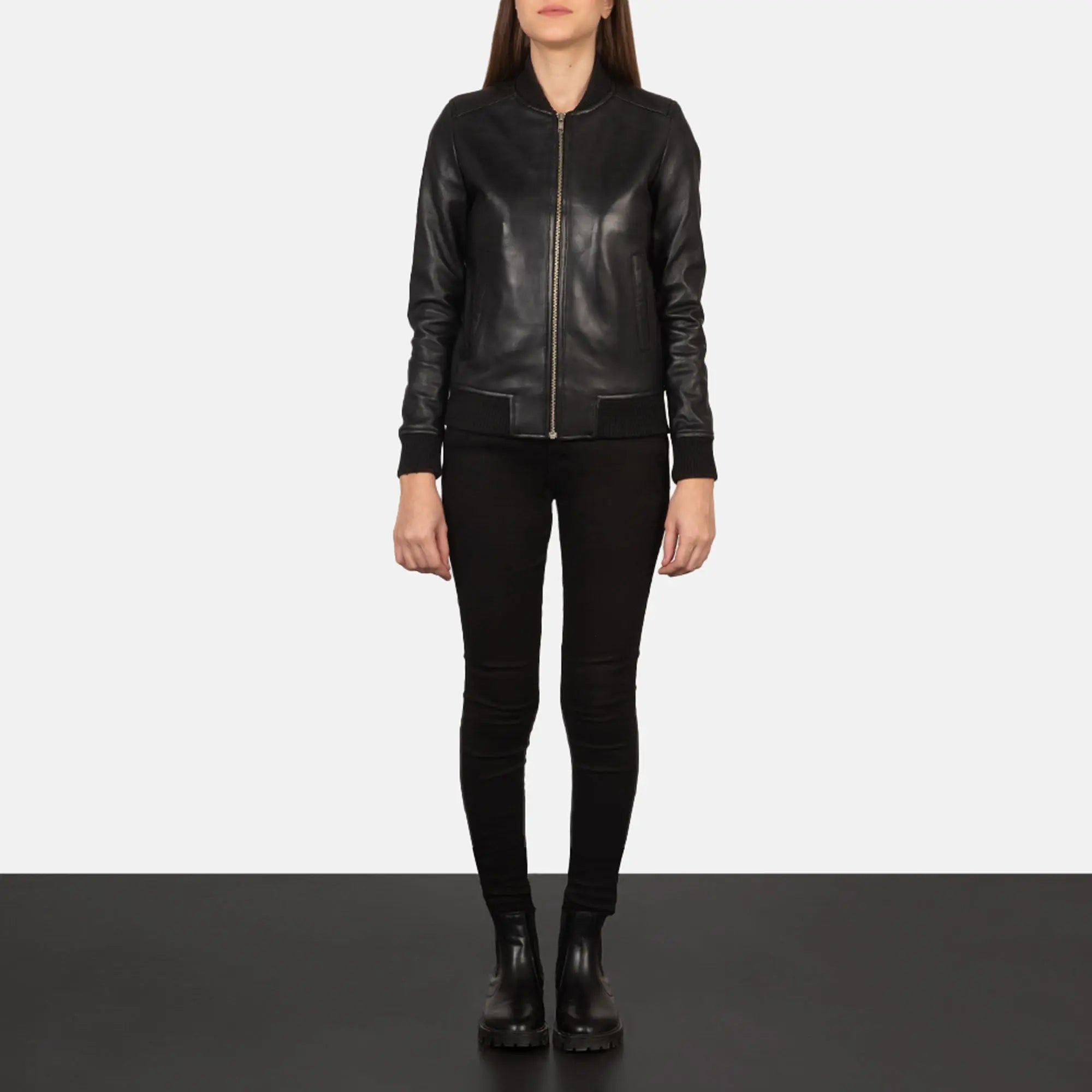 Bliss black leather bomber jacket front view