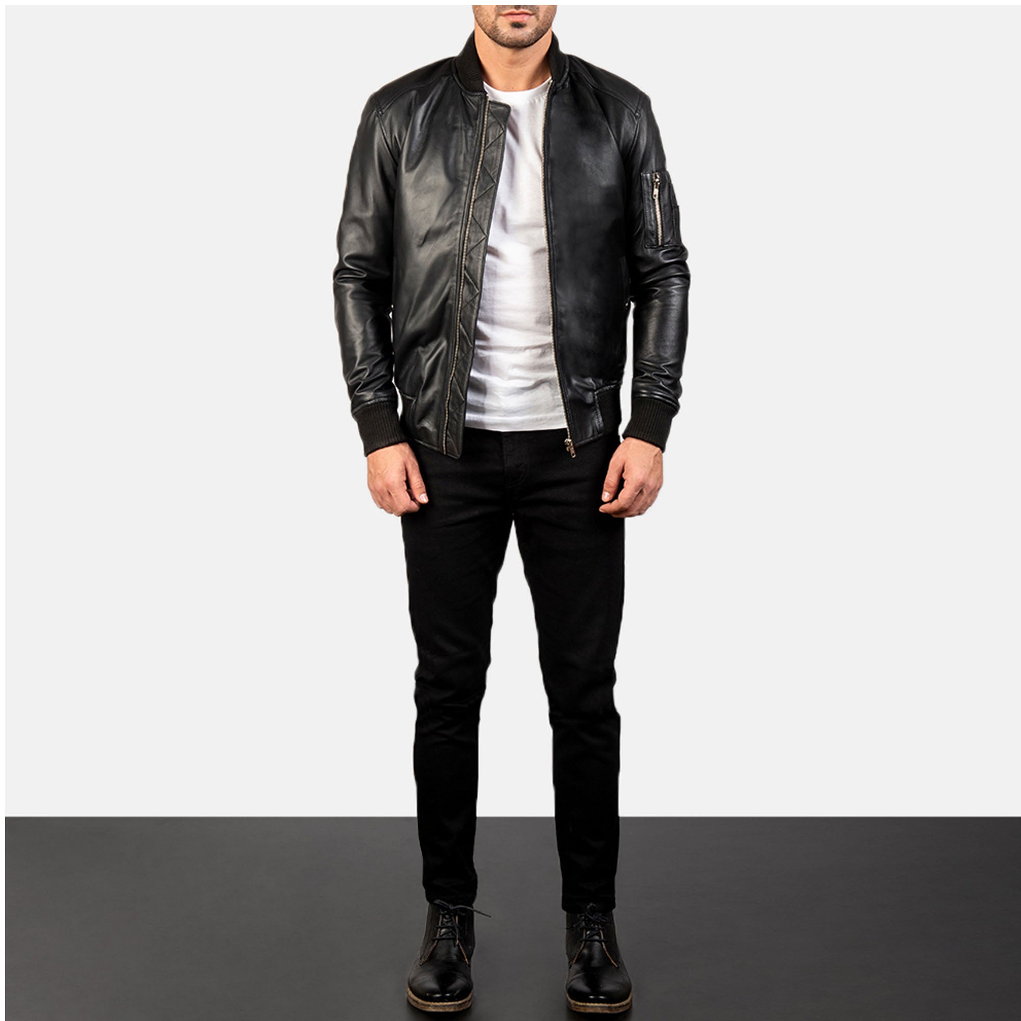 Bomia MA-1 black leather bomber jacket front flight style