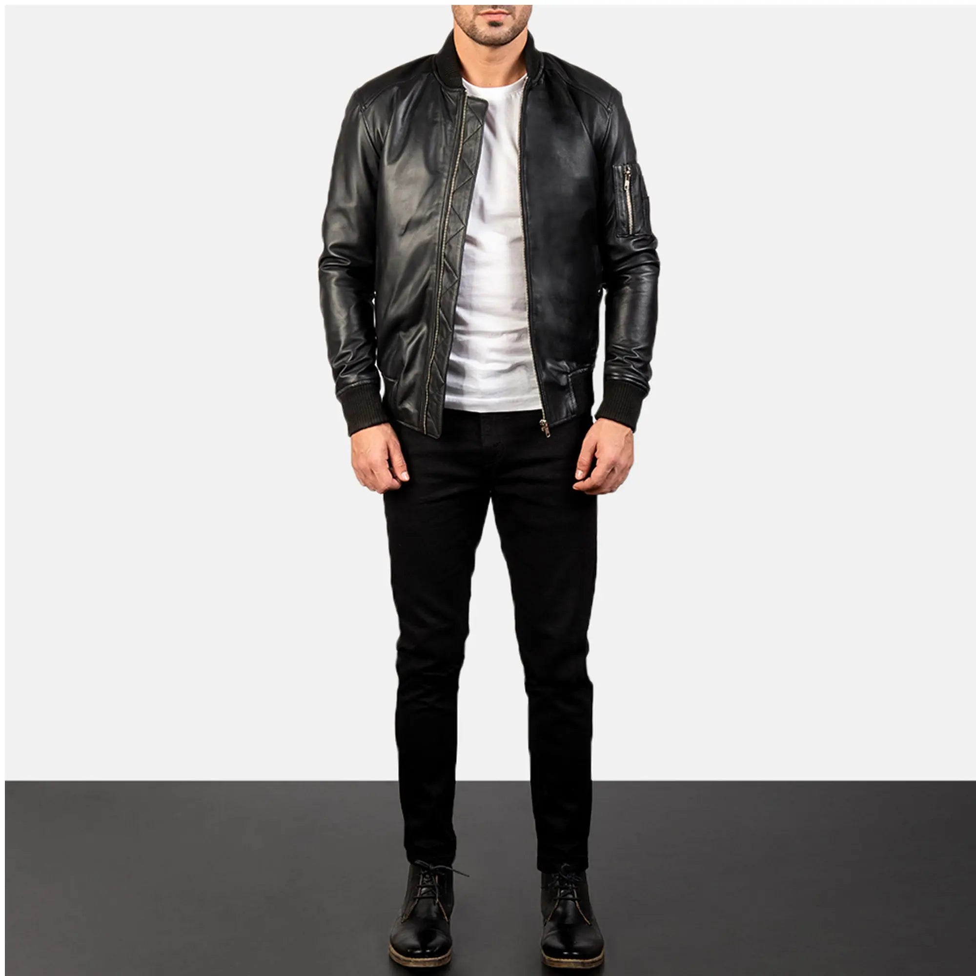 Bomia MA-1 black leather bomber jacket front flight style