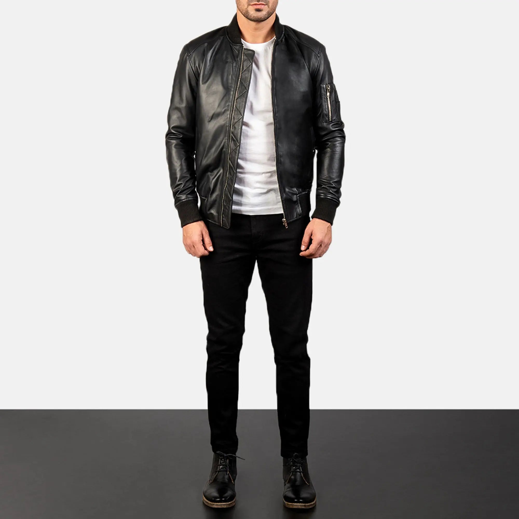 Bomia MA-1 black leather bomber jacket front view