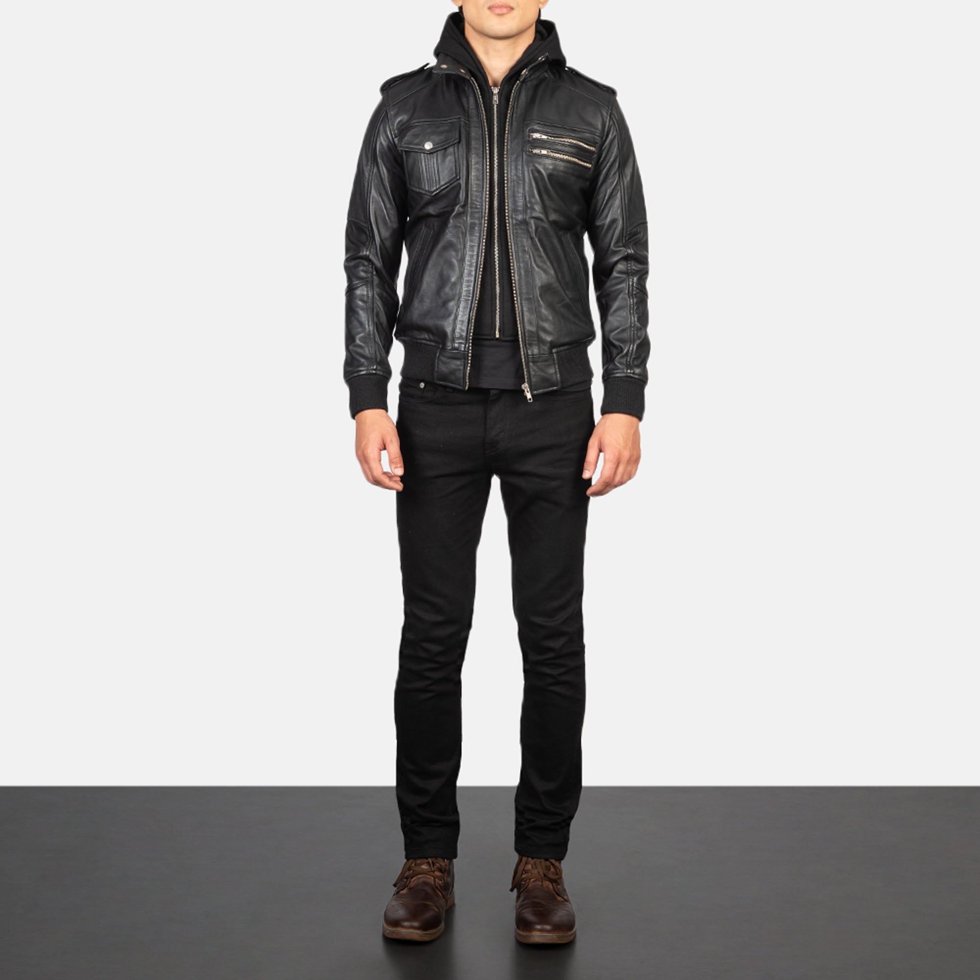 Bravado black hooded leather bomber jacket front view