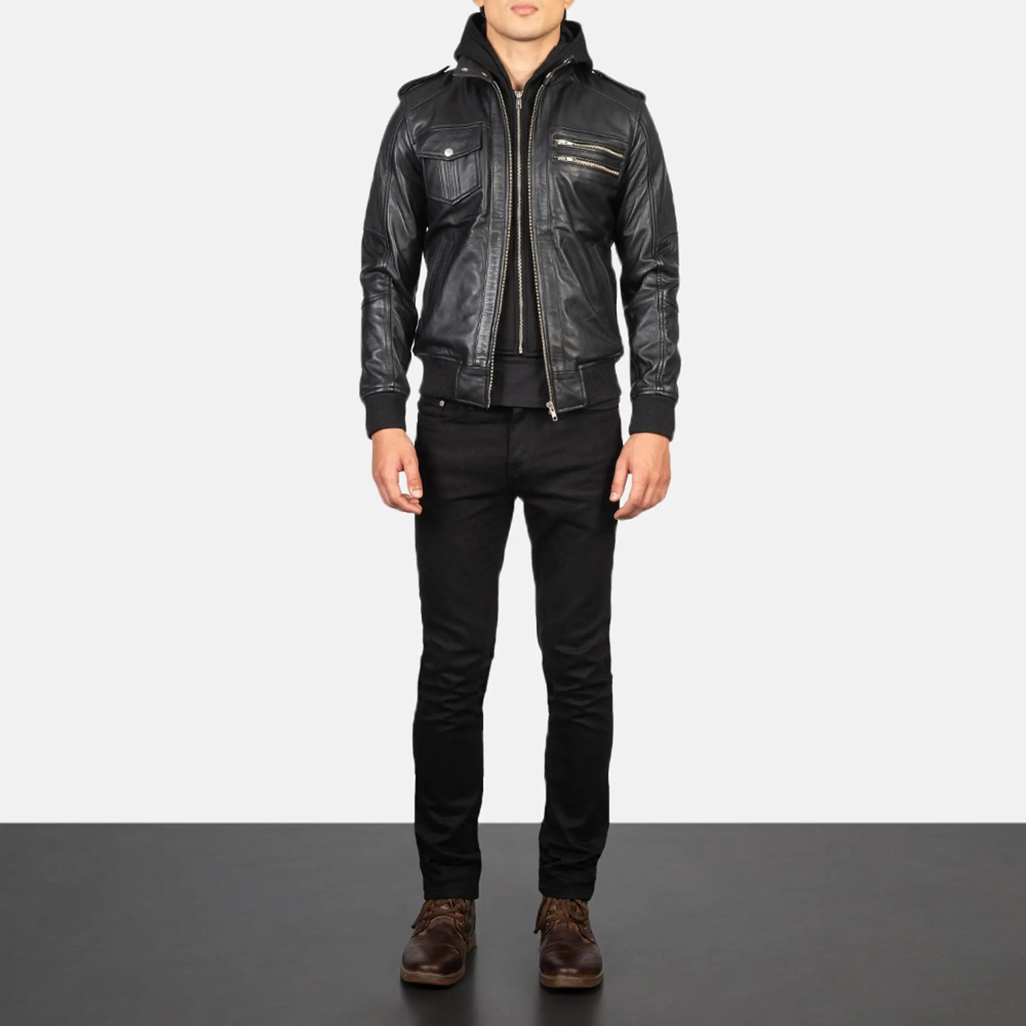 Bravado black hooded leather bomber jacket front view