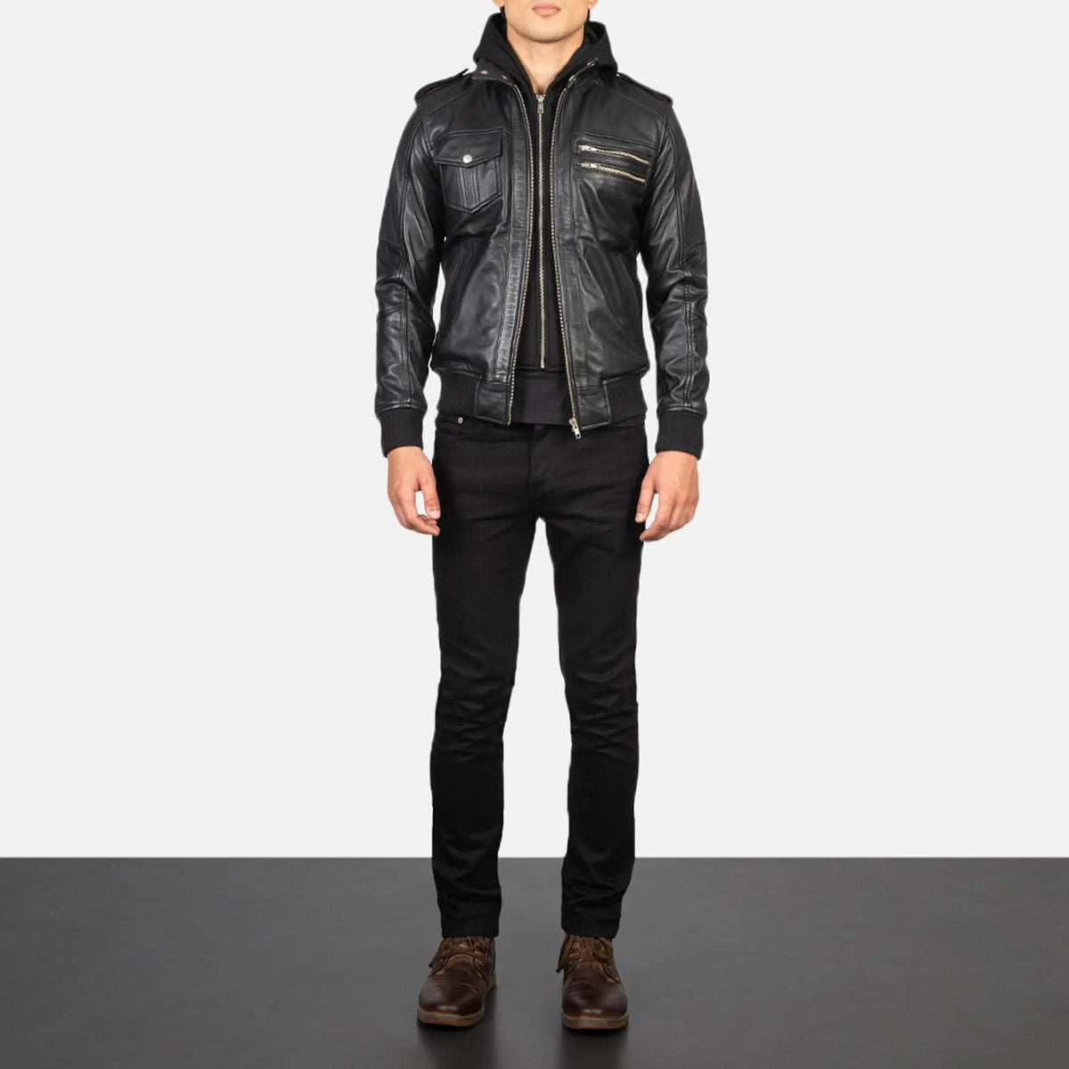 Bravado black hooded leather bomber jacket front view