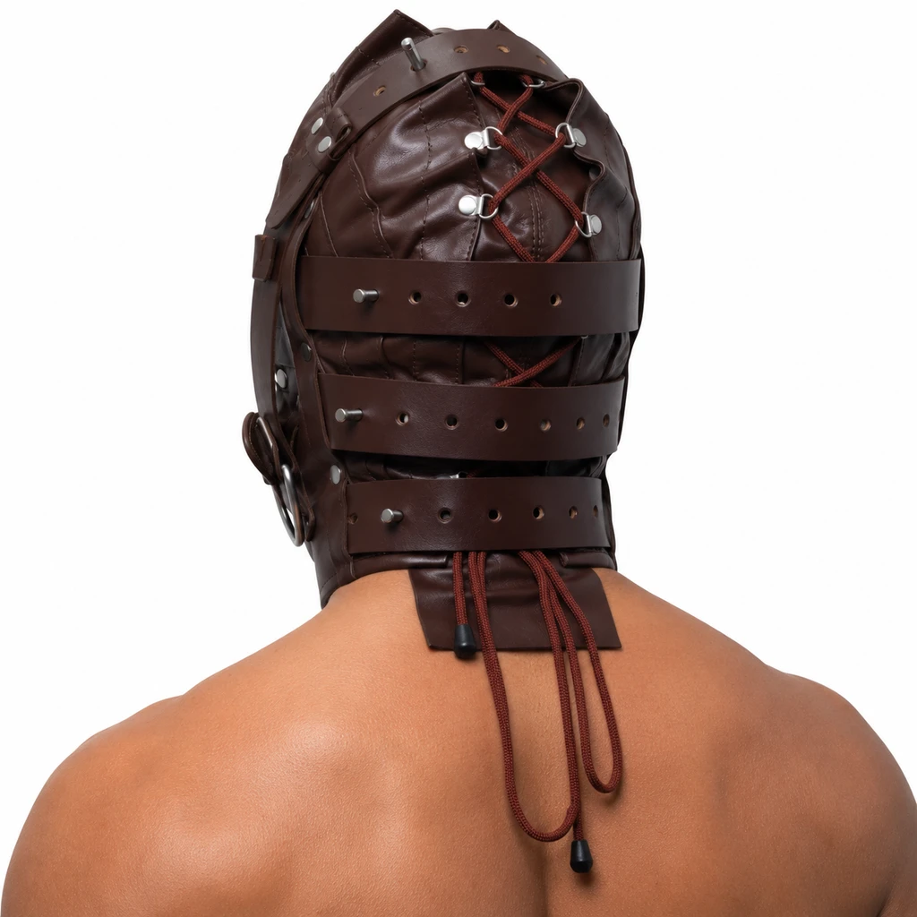 Rear view of a brown leather hood showing cord lacing through metal loops, three adjustable horizontal straps and a strap over the crown.