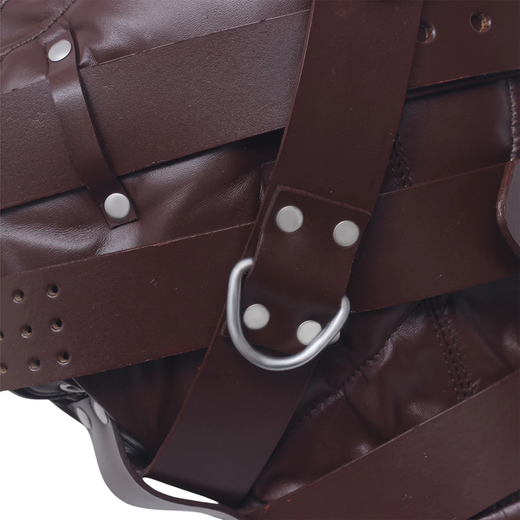 Close-up of a brown leather hood showing a silver-tone side ring, overlapping leather straps, round fastenings and stitched head panels.