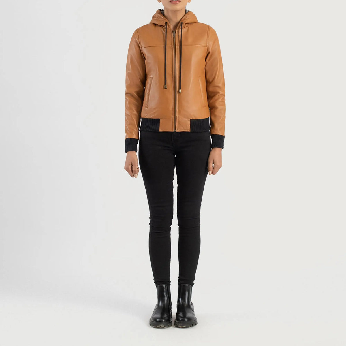 Brown hooded leather bomber jacket front view