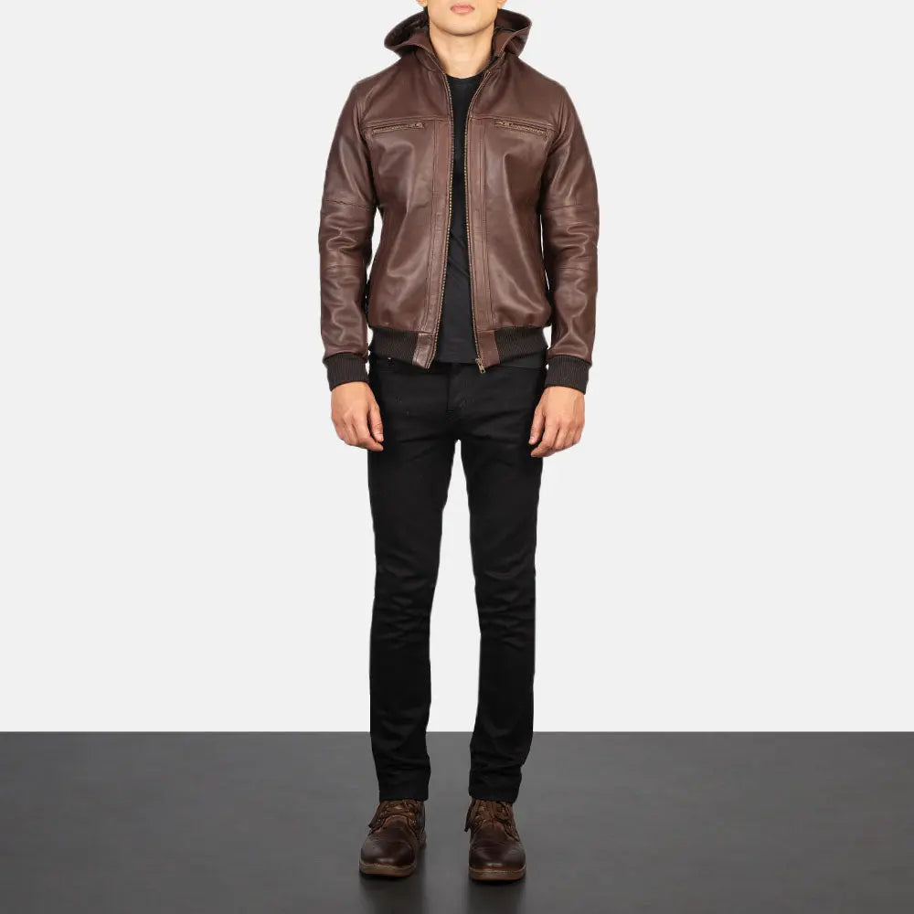 Brown leather bomber jacket front view Leather Taboo men