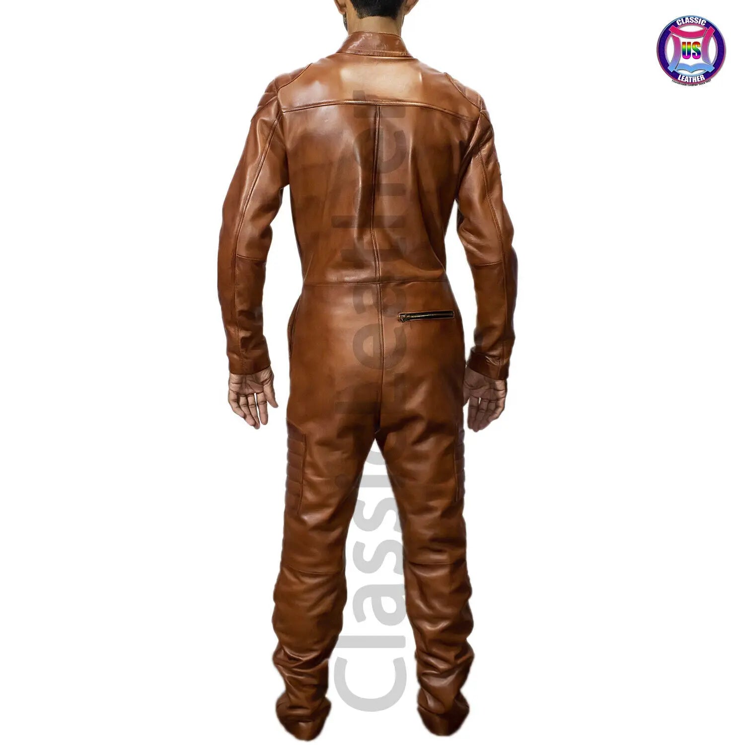 Brown leather one piece catsuit men casual fashion outfit