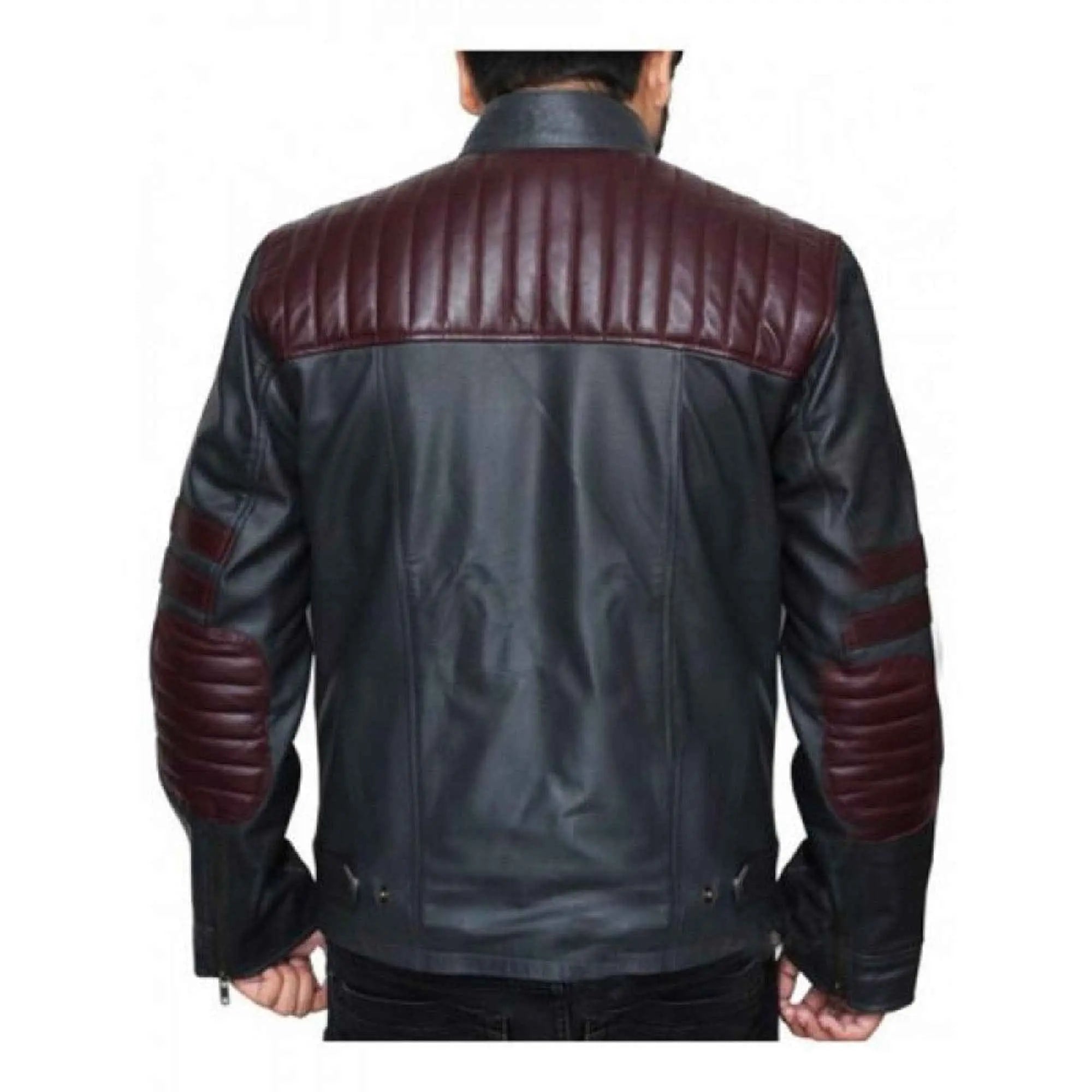 Burgundy stripes black leather biker jacket Back view